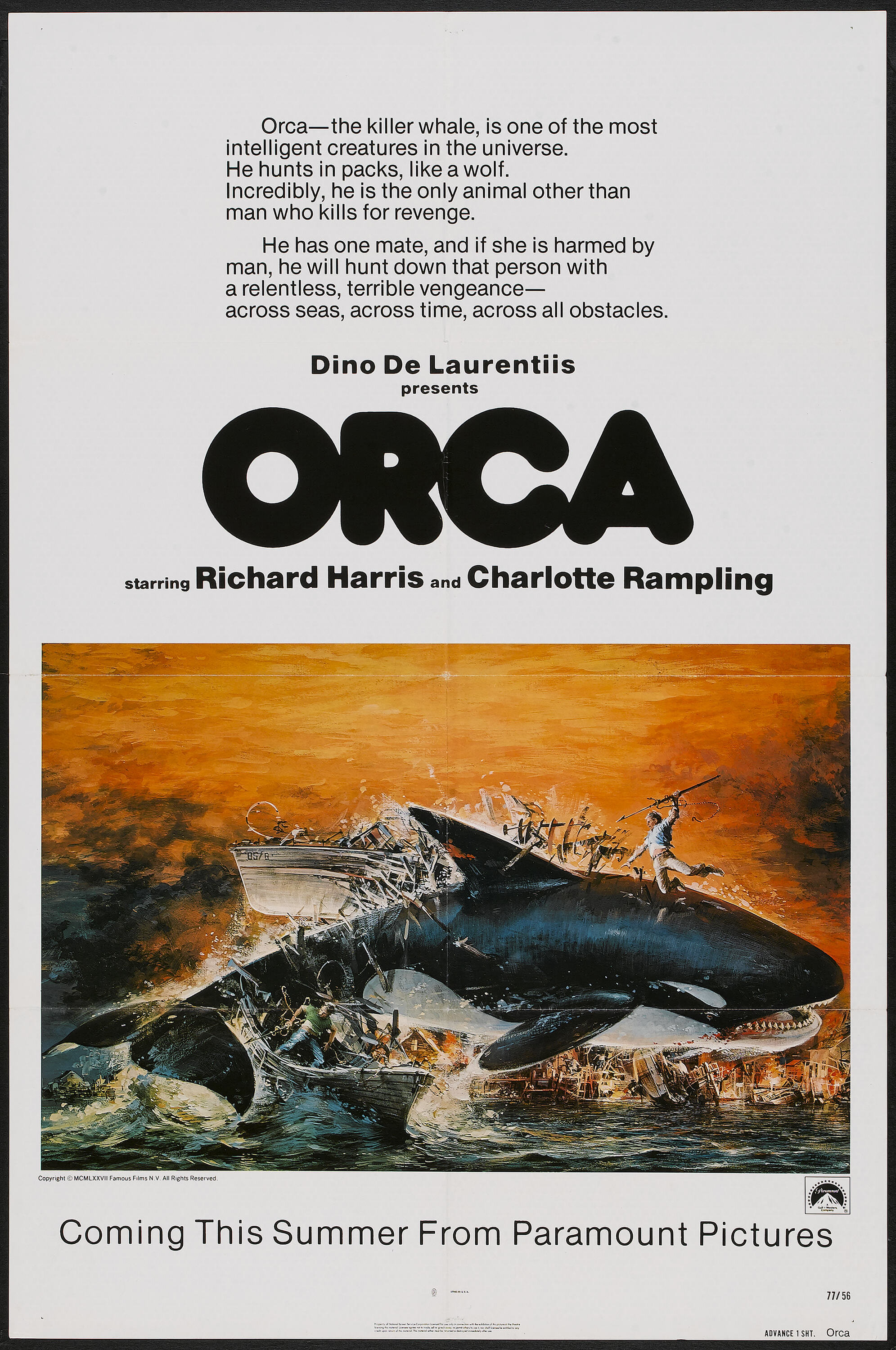 Orca Paramount 1977 One Sheet 27 X 41 Advance Thriller Lot 52276 Heritage Auctions