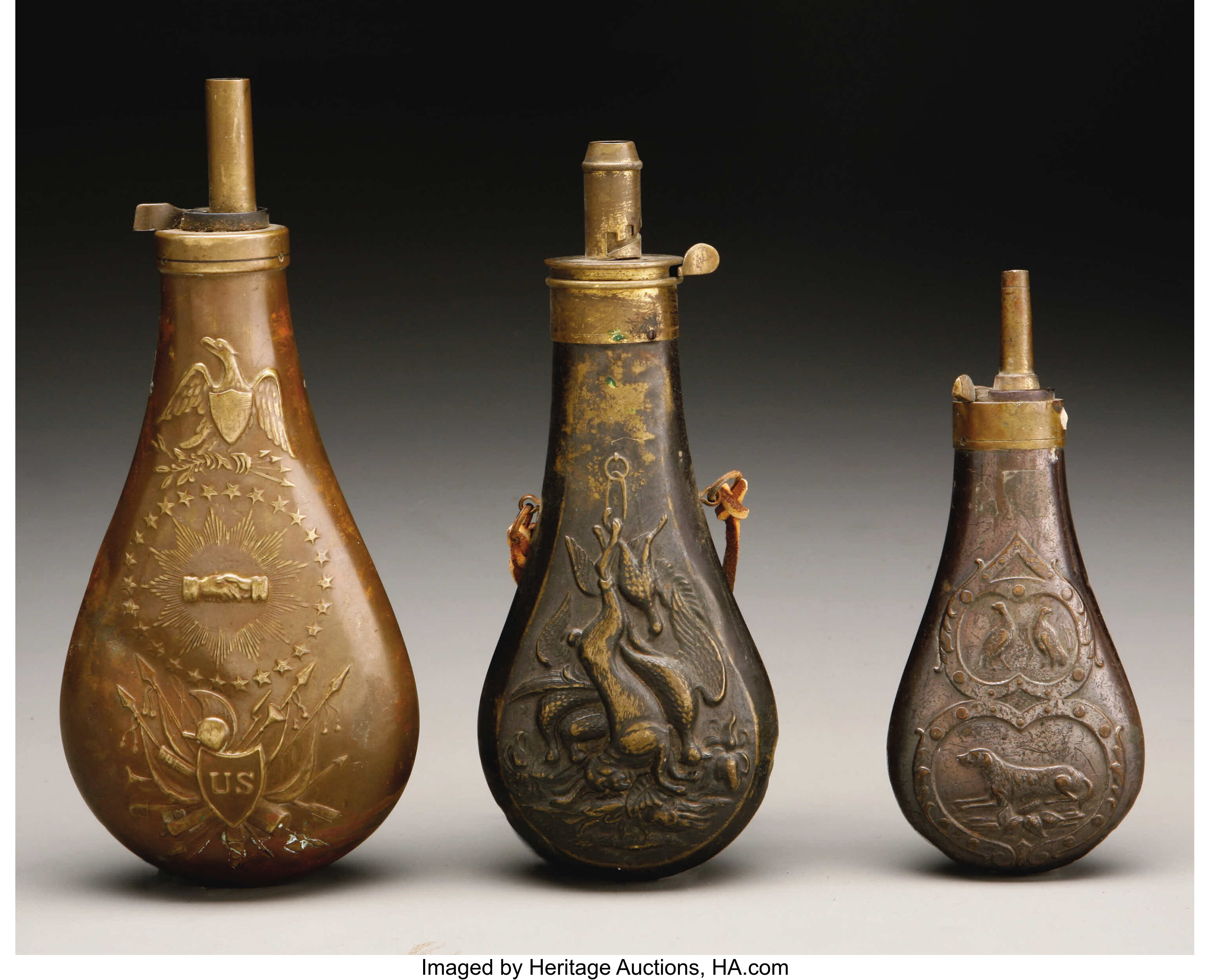 Sold at Auction: Antique Brass Civil War Peace Powder Flask