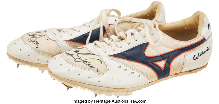 1980 s Carl Lewis Race Worn Signed Track Spikes