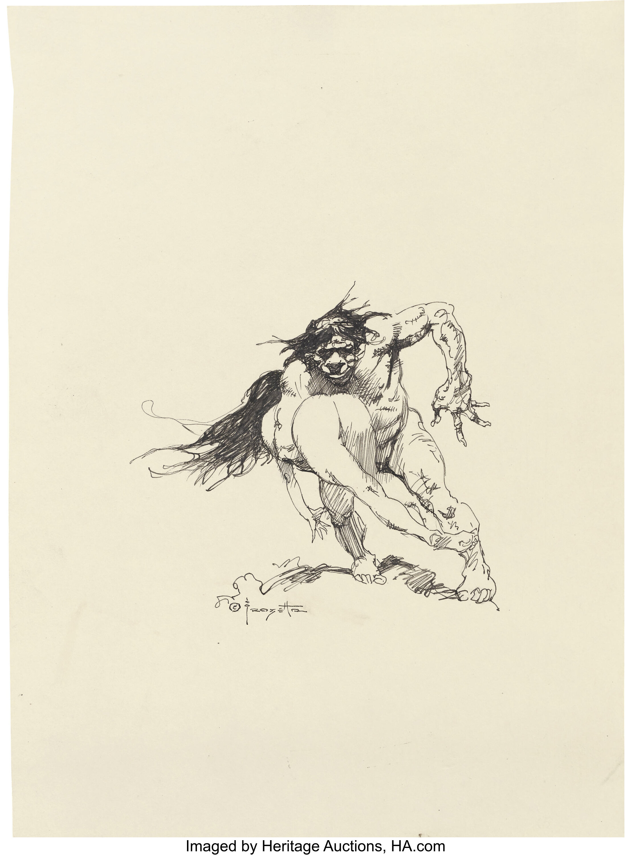 FRANK FRAZETTA (American b. 1928). Cave Man Carrying a Woman. Ink Lot