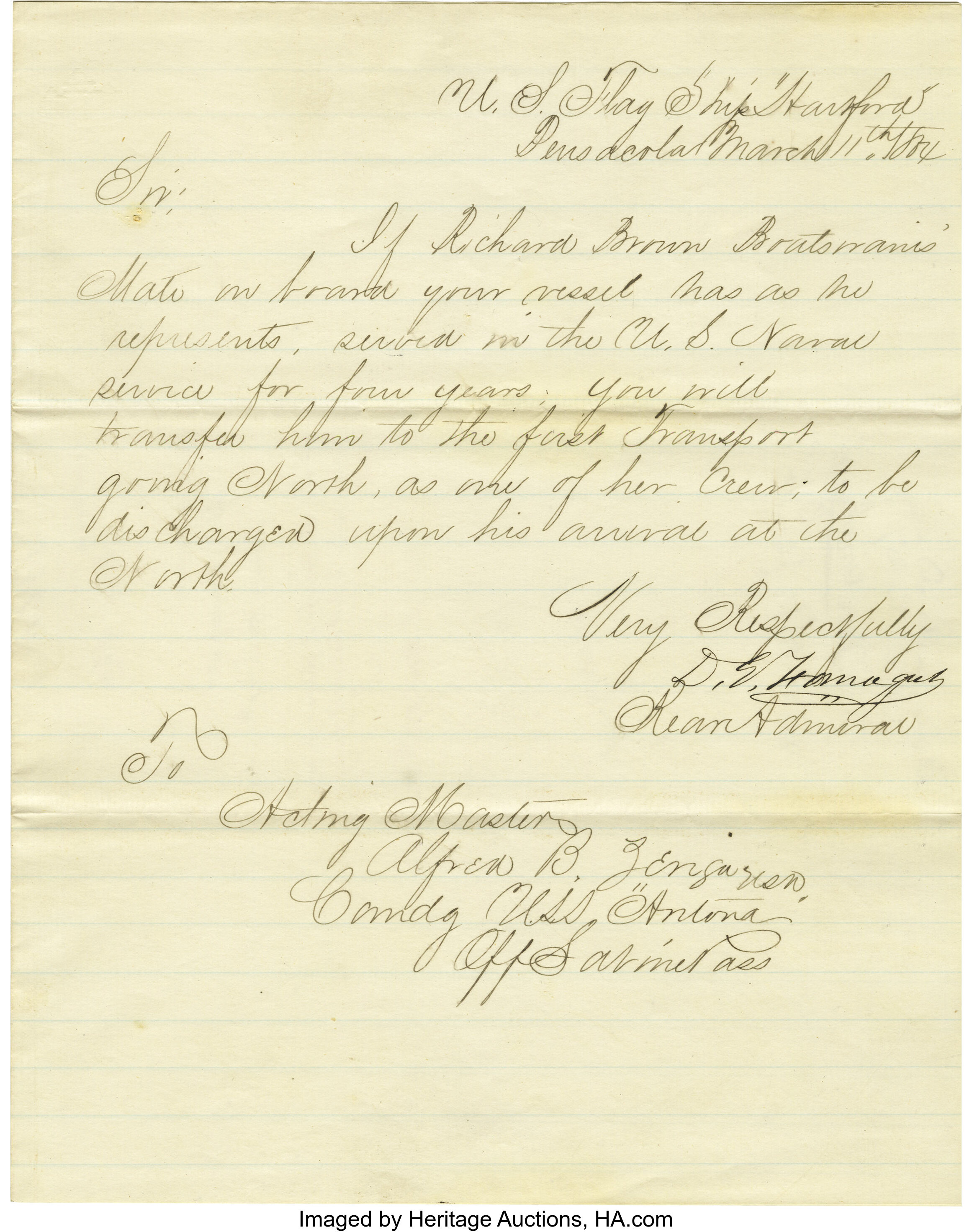 Rear Admiral David Farragut Letter Signed, 