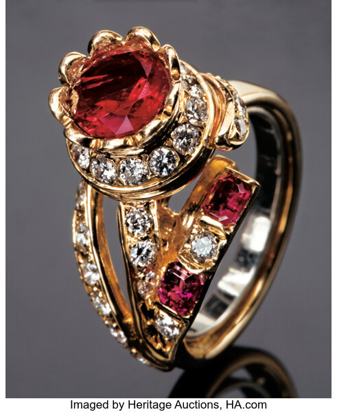 RED BERYL RING WITH DIAMONDS. Gems Jewelry | Lot #41111