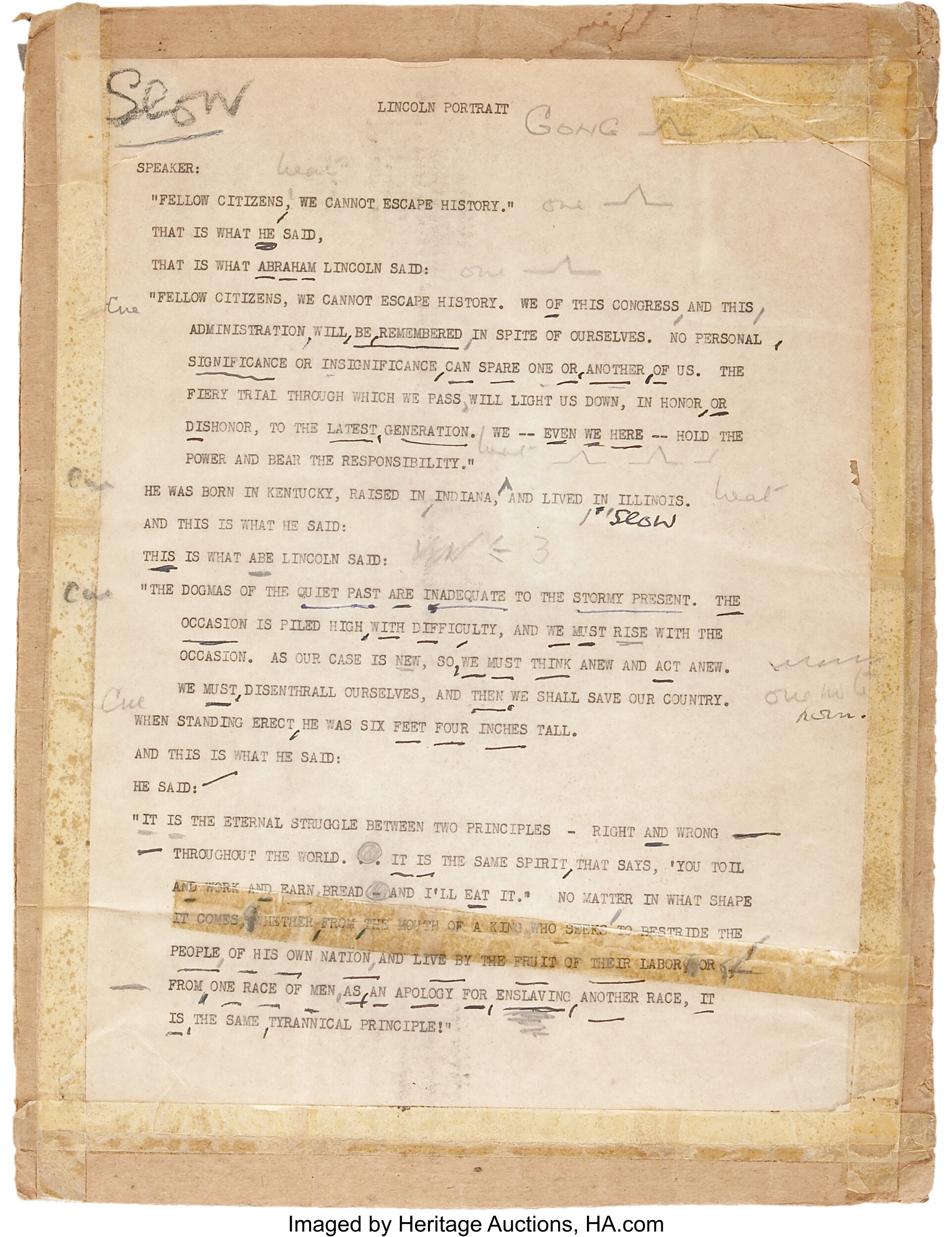 Claude Rains' Annotated Reading Script for Lincoln Portrait | Lot ...