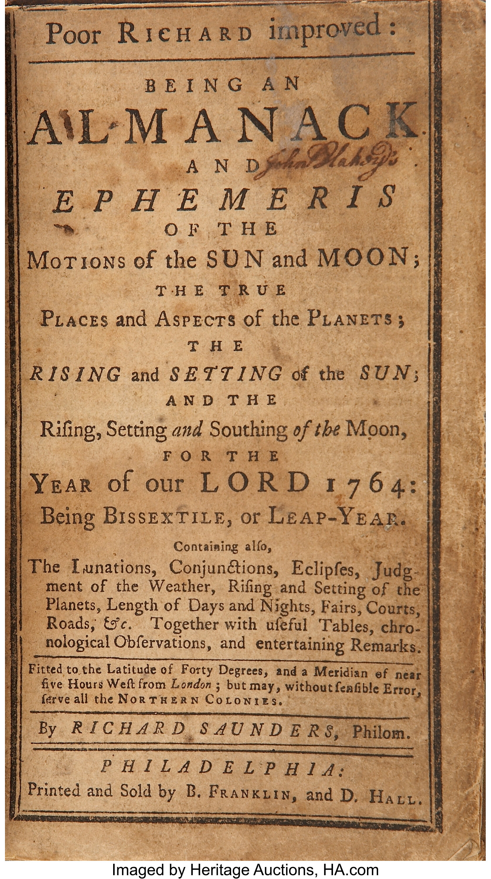 [Benjamin Franklin]. Richard Saunders [pseudonym]. Poor Richard | Lot ...