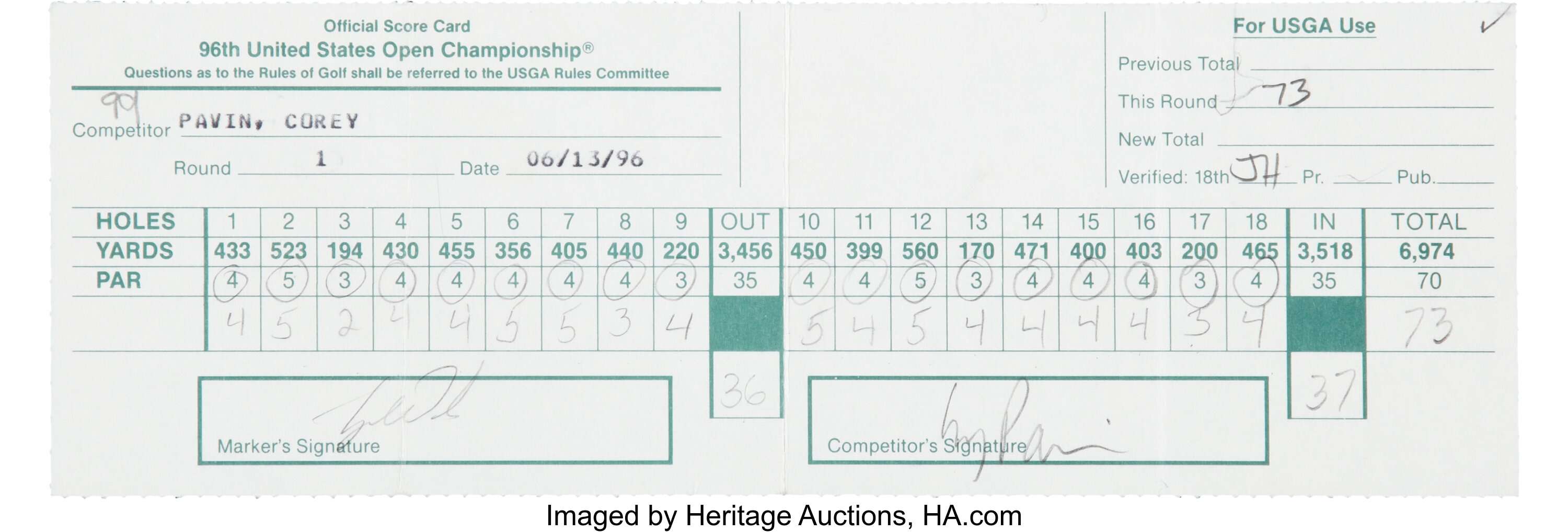 1996 US Open Scorecard Signed by Tiger Woods.... Golf Collectibles