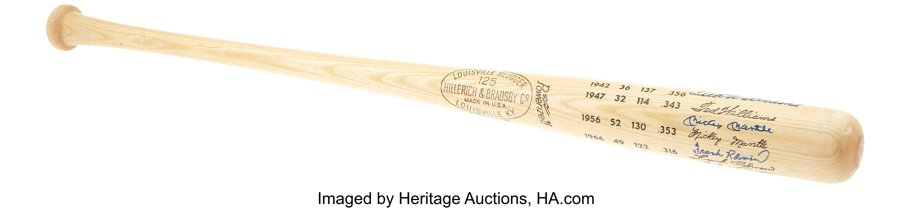 Ted Williams, Mickey Mantle, Frank Robinson and Carl Yastrzemski  Multi-Signed Louisville Slugger MLB Triple Crown Winners Bat - JSA