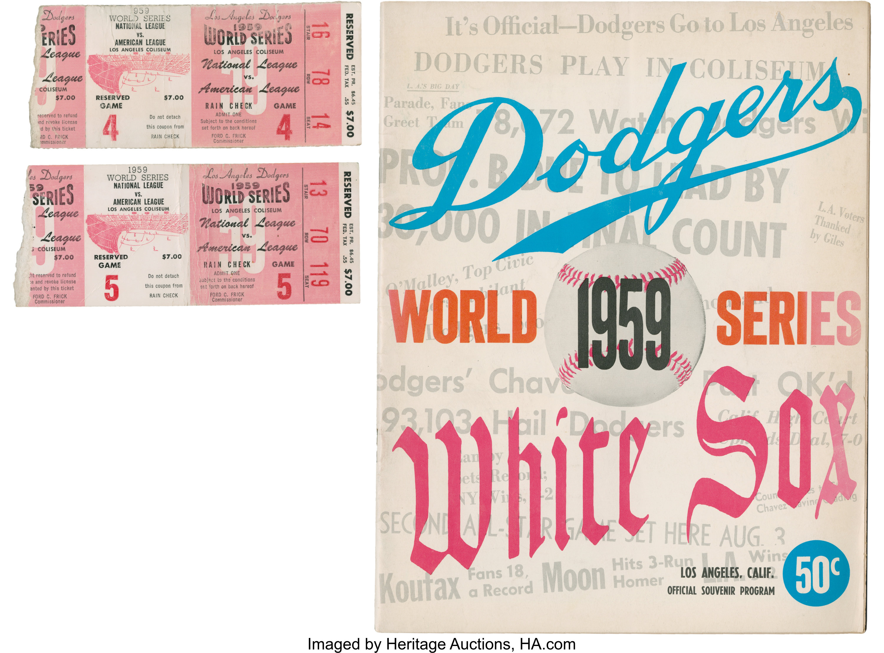 A 1959 souvenir program and tickets for a Los Angeles Dodgers game