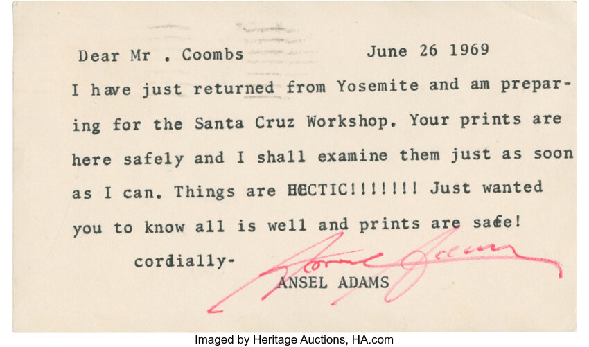 Ansel Adams Typed Note Signed One Page 5 5 X 3 25 June 26 Lot Heritage Auctions