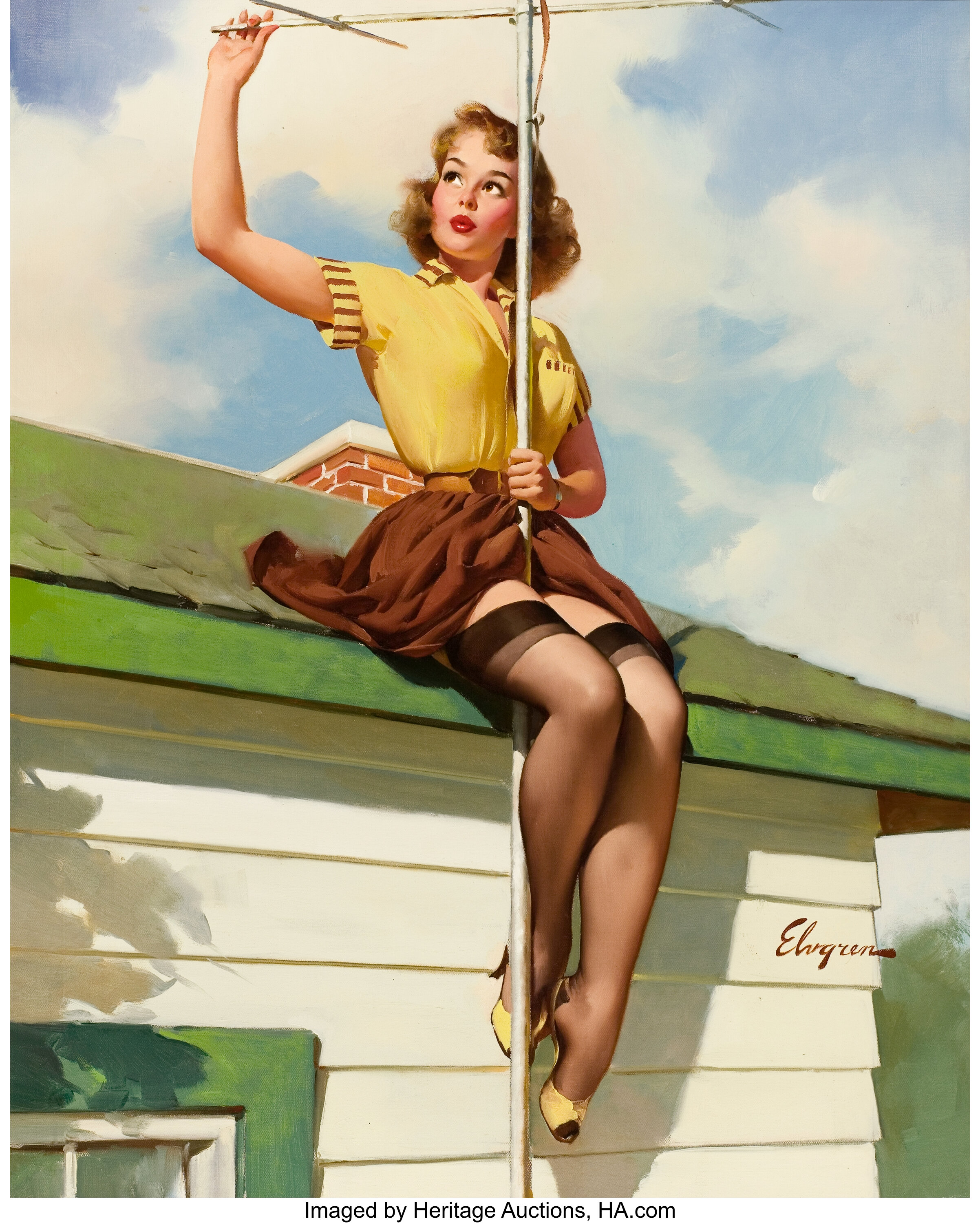 GIL ELVGREN (American, 19141980). On the House, 1958. Oil on Lot