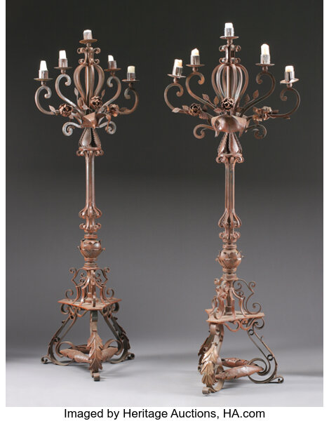 A Pair Of Wrought Iron Five Light Floor Standing Candelabra