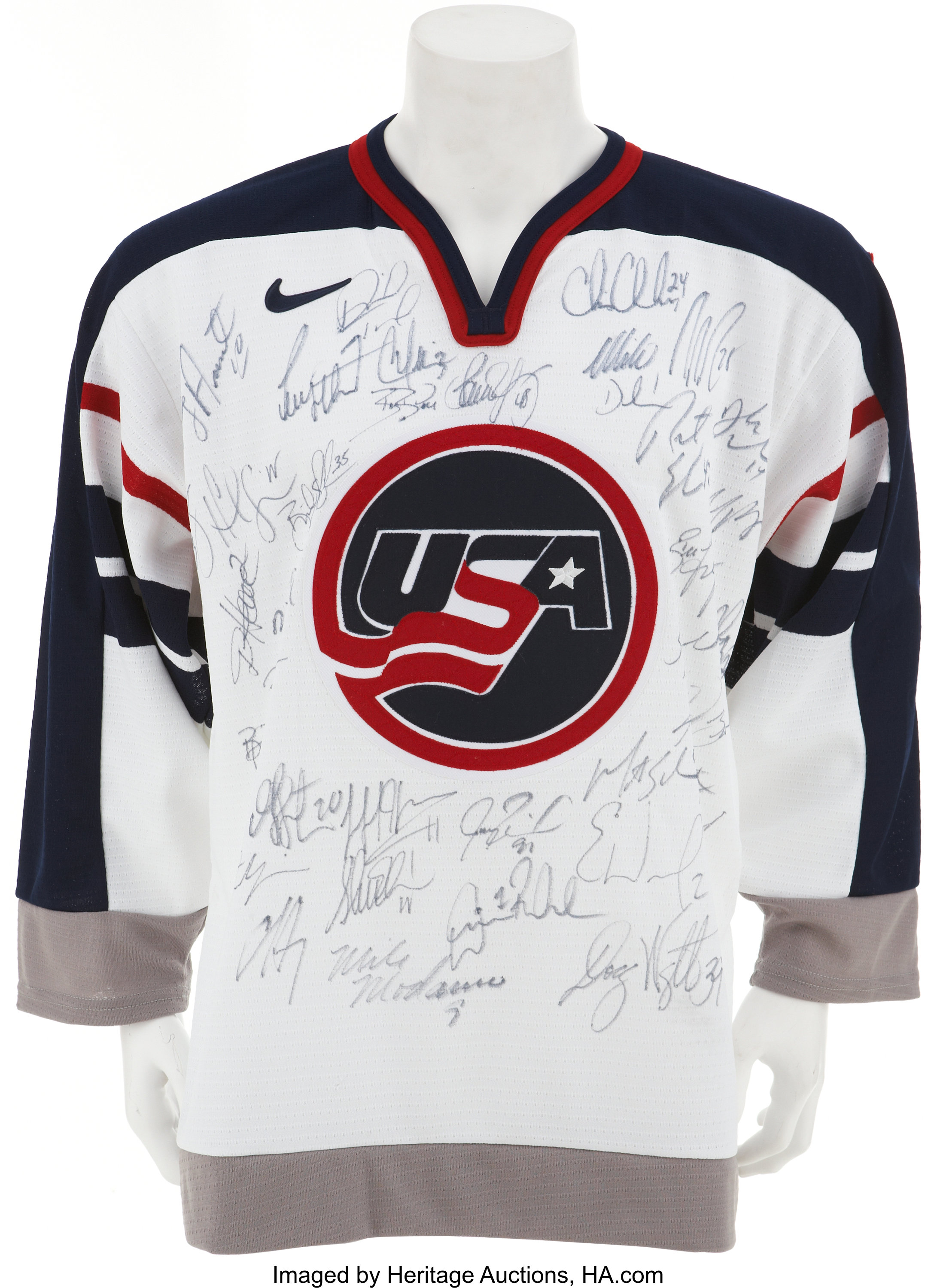 Multi-Signed US Hockey Nike 2002 Olympics White Jersey - PSA