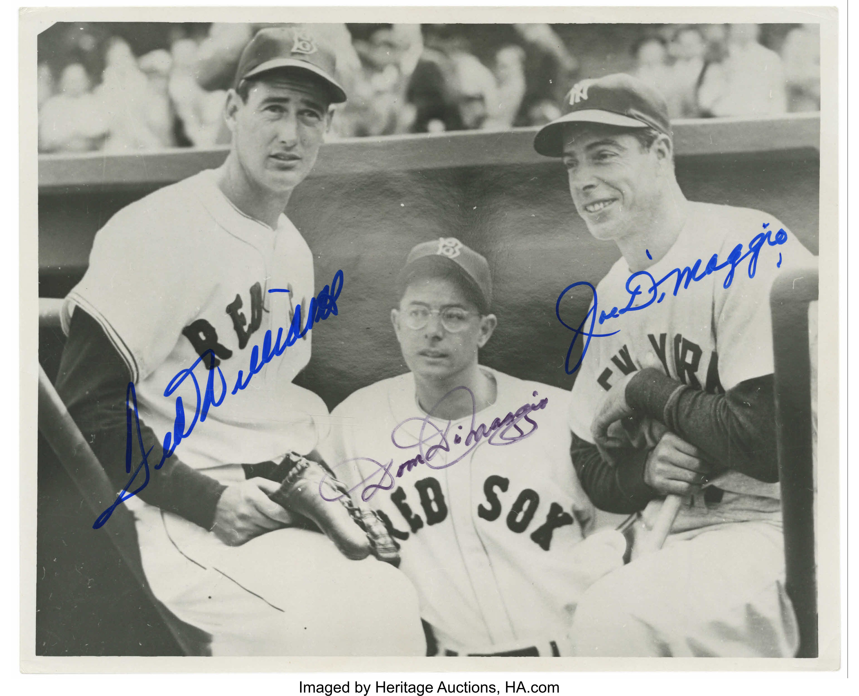 Ted Williams - Autographed Signed Photograph co-signed by: Dom Dimaggio,  Joe Dimaggio