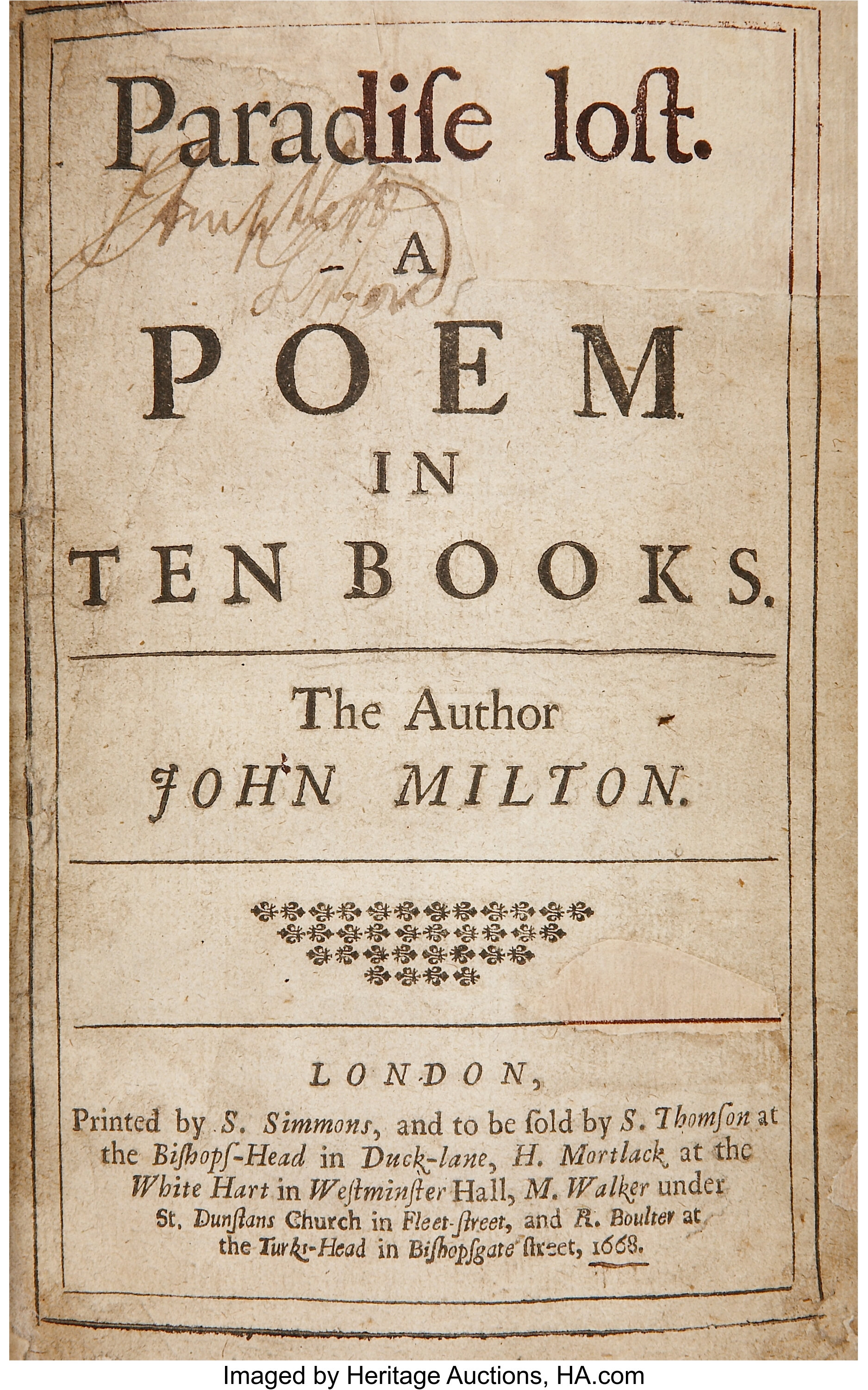 Paradise Lost: A Poem in Ten Books John Milton First Edition