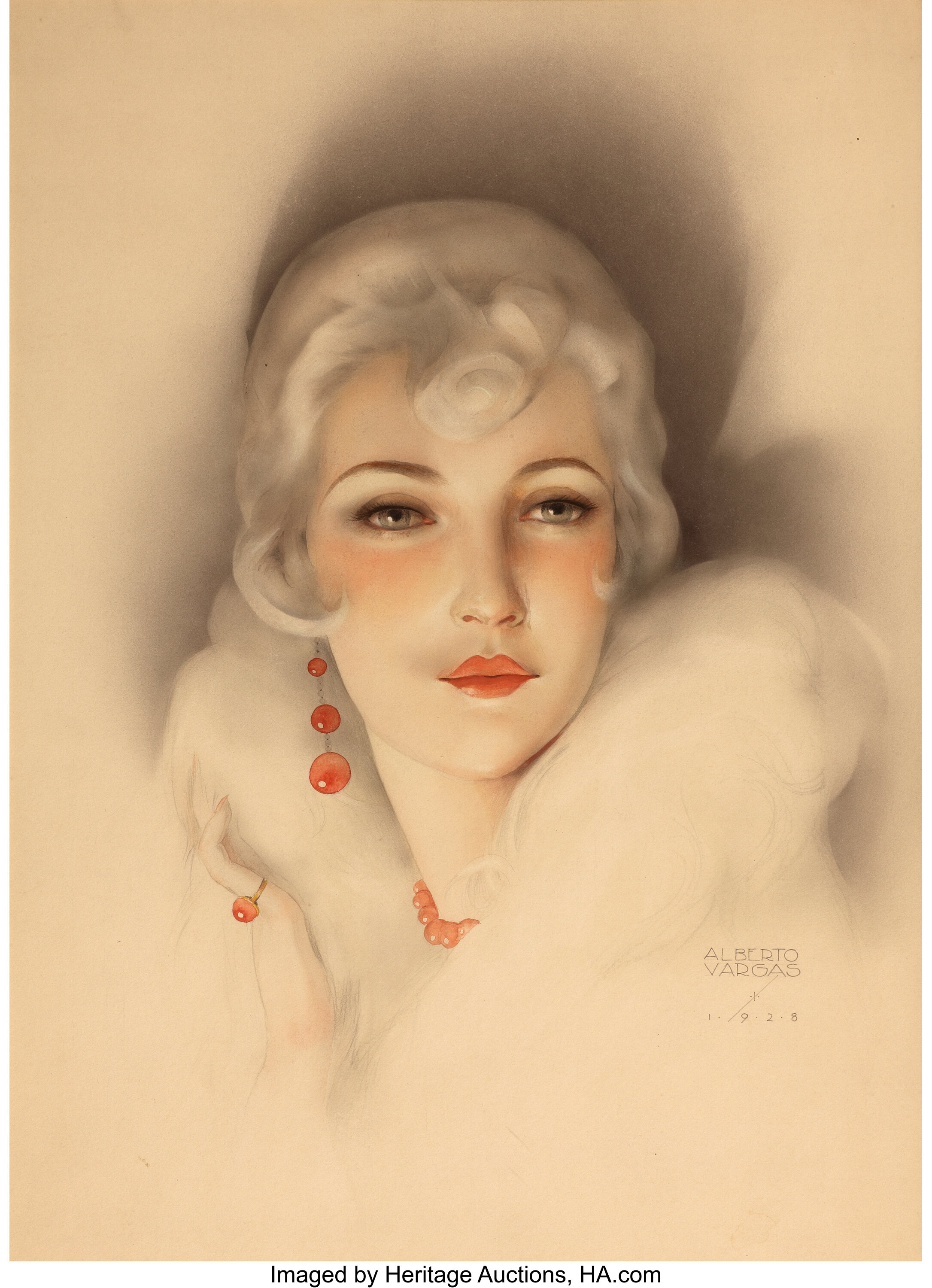 ALBERTO VARGAS (American, 1896-1982). Flapper with White Mink, Red ...