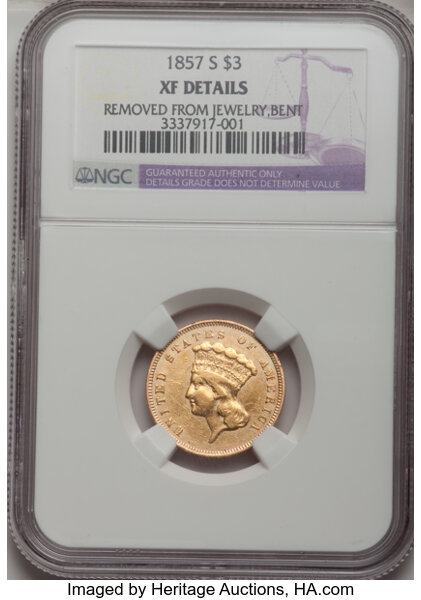 1857-S $3 --Removed From Jewelry, Bent--NGC. XF Details. Three, Lot  #1535