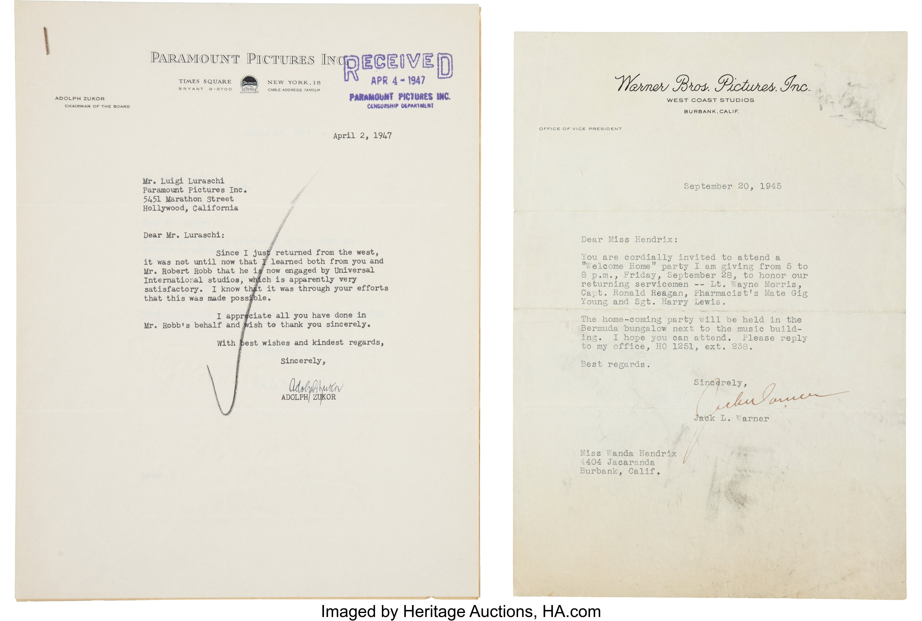 Jack Warner and Adolph Zukor Signed Letters.... (Total: 2 Items) | Lot ...