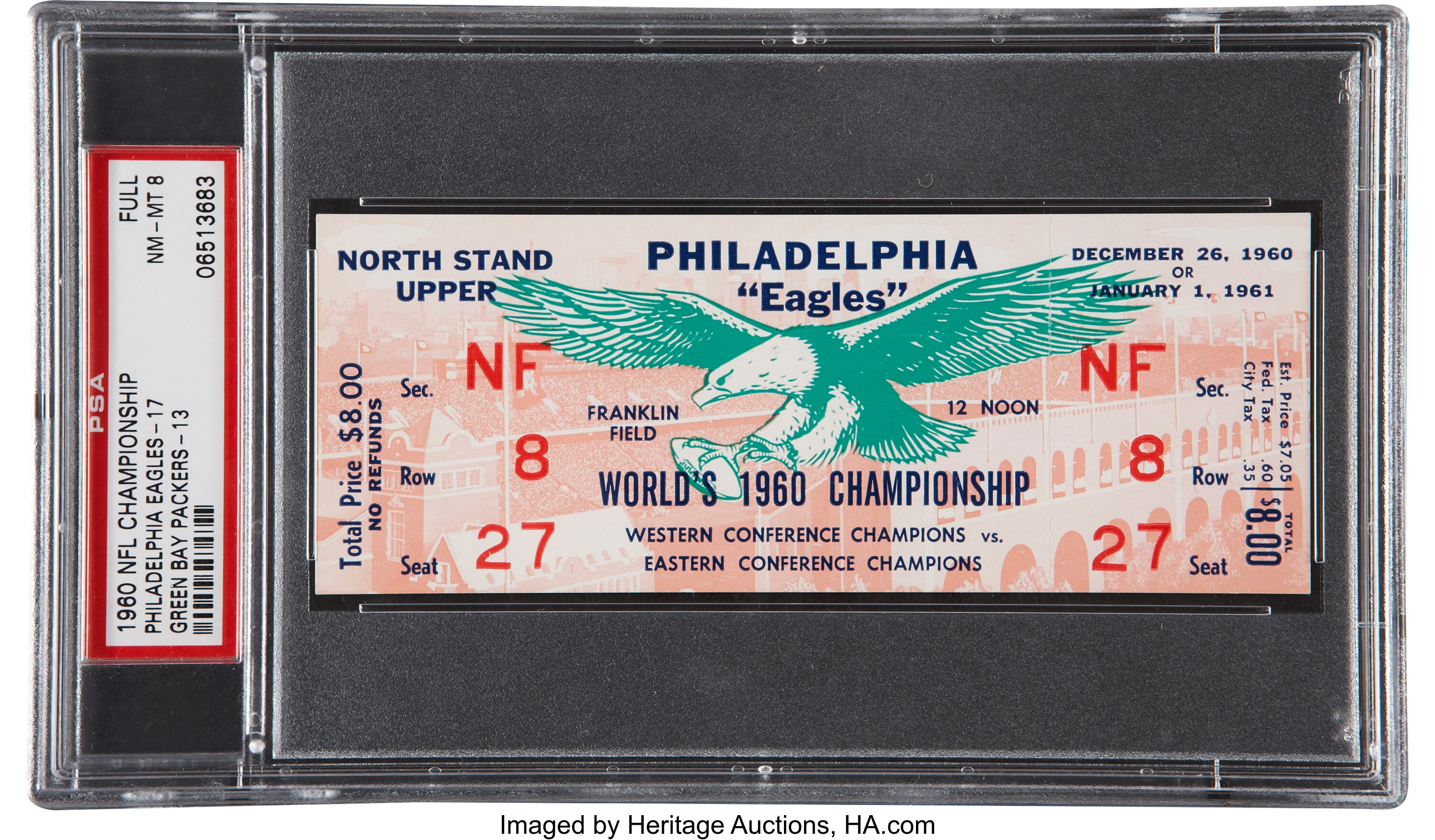 1960 NFL Championship Game Packers vs. Eagles Full Ticket, PSA, Lot #82374