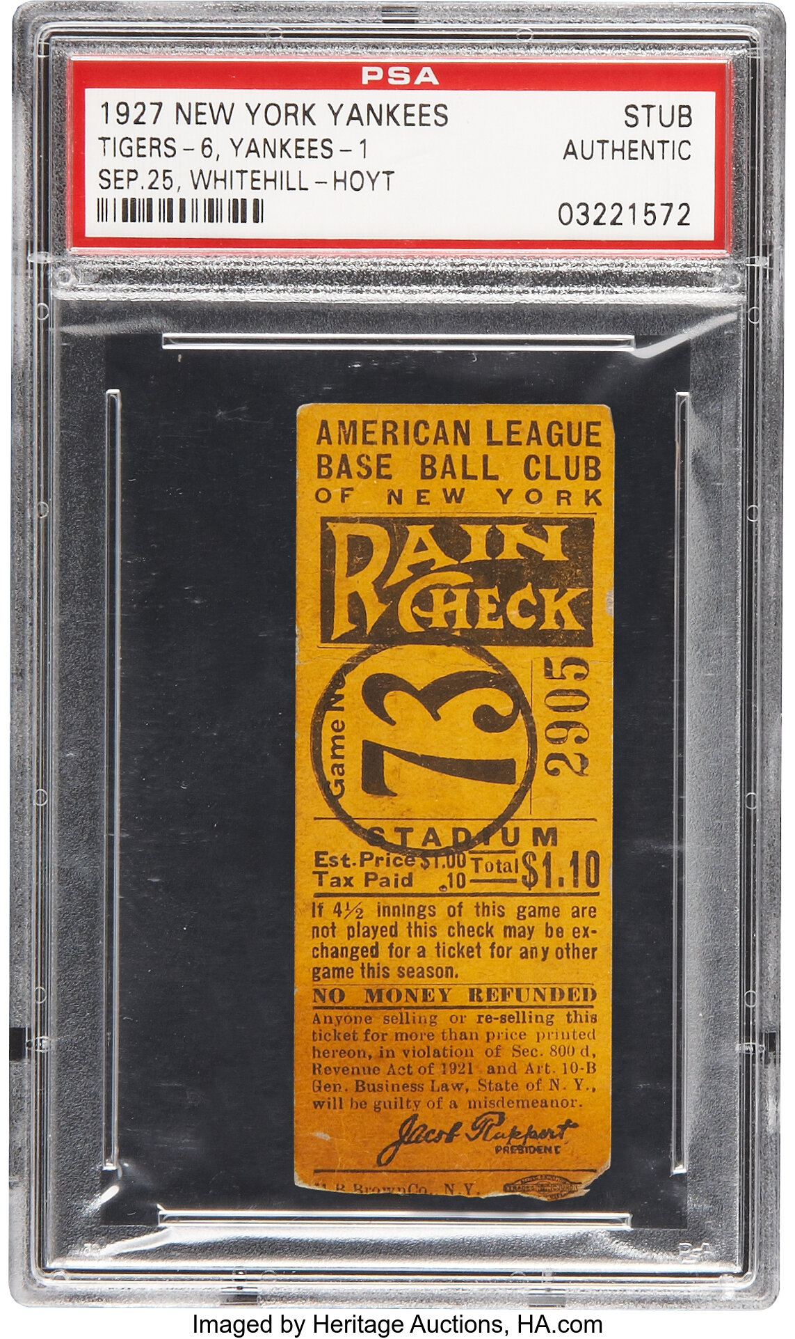 1927 New York Yankees vs. Detroit Tigers Ticket Stub. Baseball, Lot  #44099