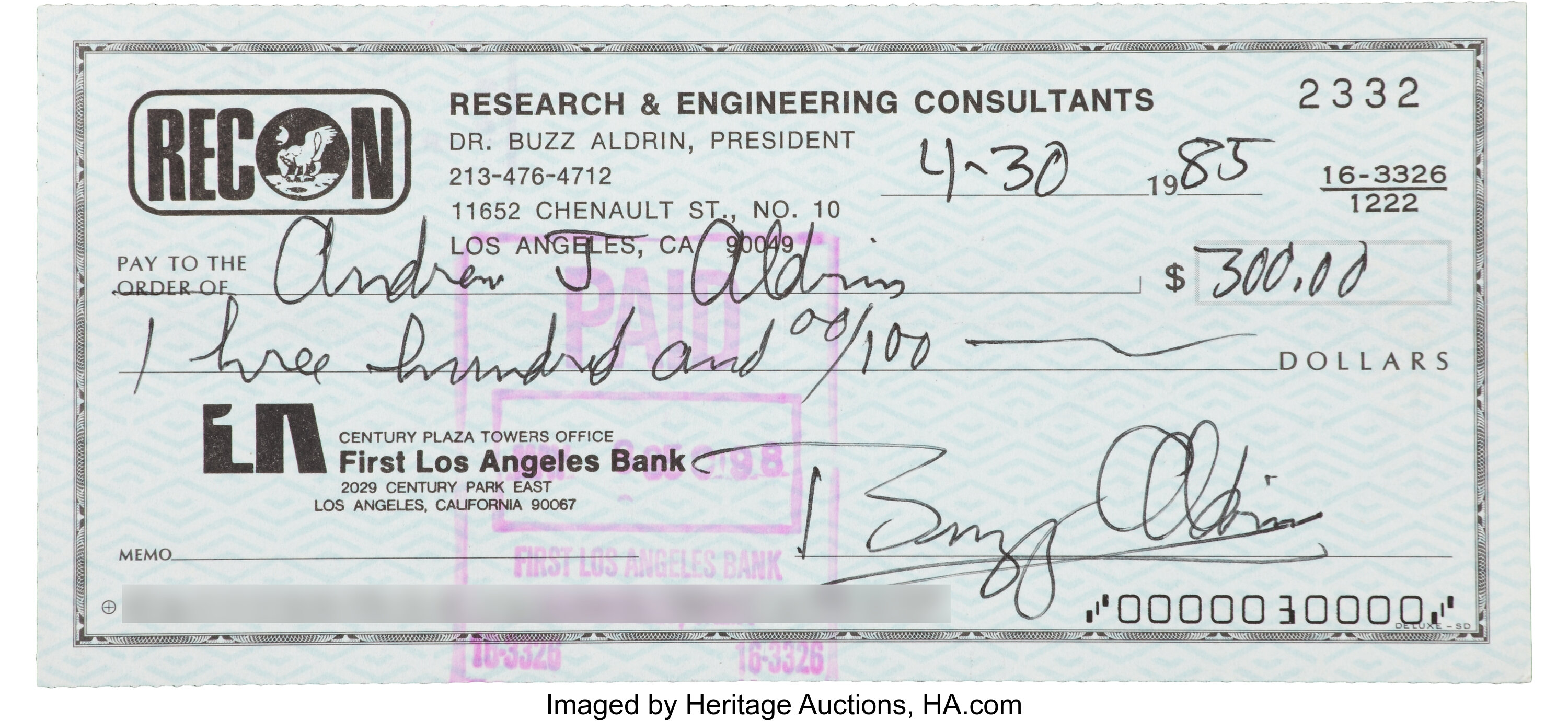 Buzz Aldrin Document Signed: Check Payable to and Endorsed by His | Lot ...