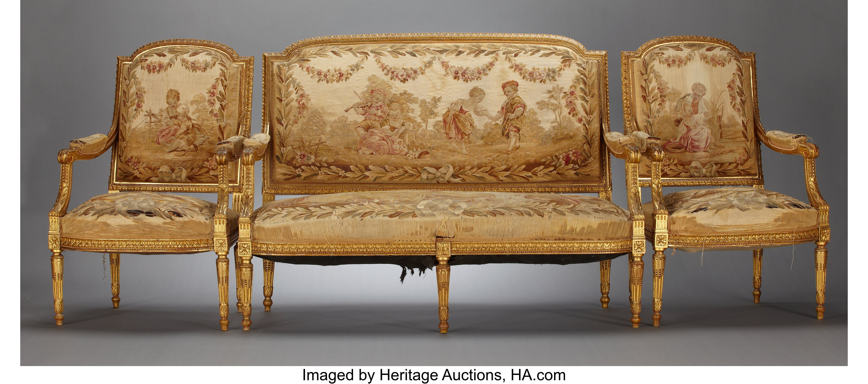 French Louis XVI Tapestry and Giltwood 3-Seat Sofa