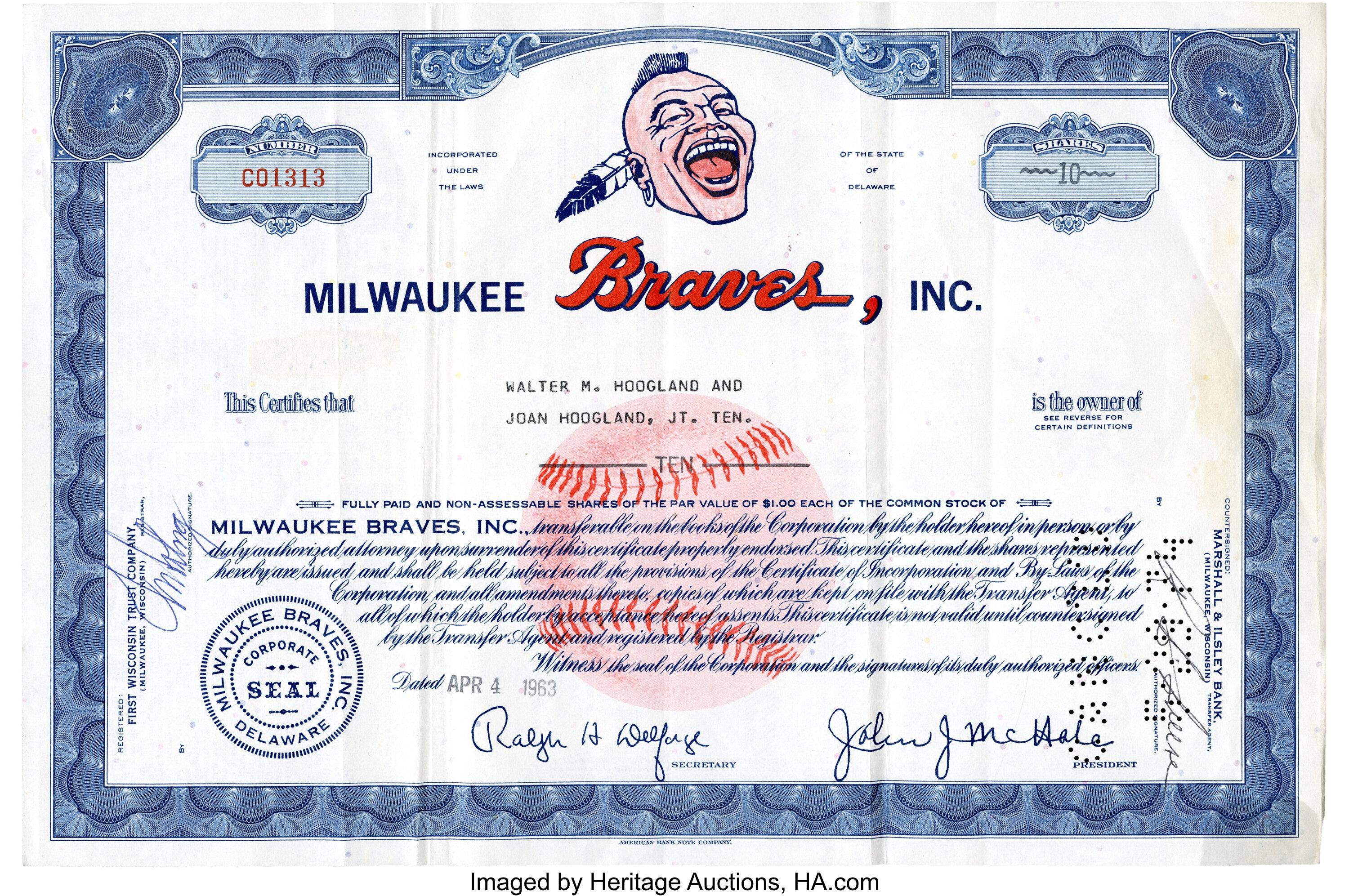 1963 Milwaukee Braves Original Stock Certificate Baseball Lot