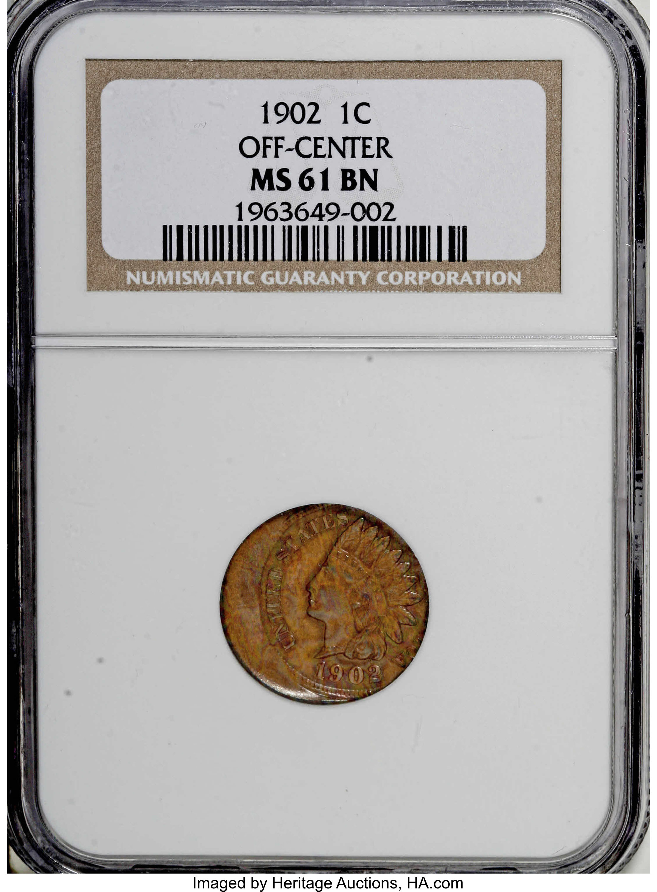 1902 1C Indian Cent PCGS AU50BN Double Struck Off Center Error