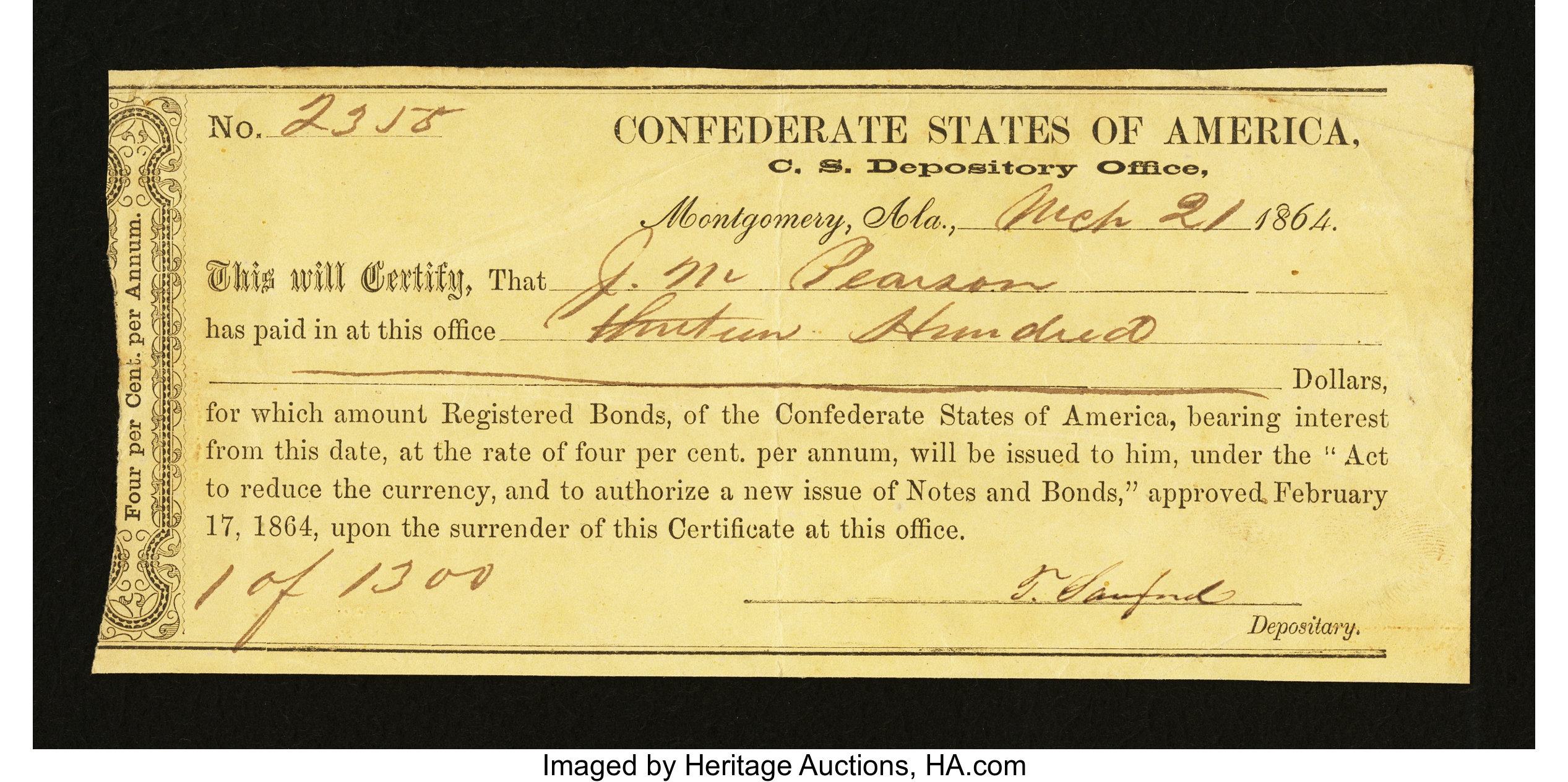 Confederate States of America Depository Receipt $1300 Mar. 21, | Lot ...