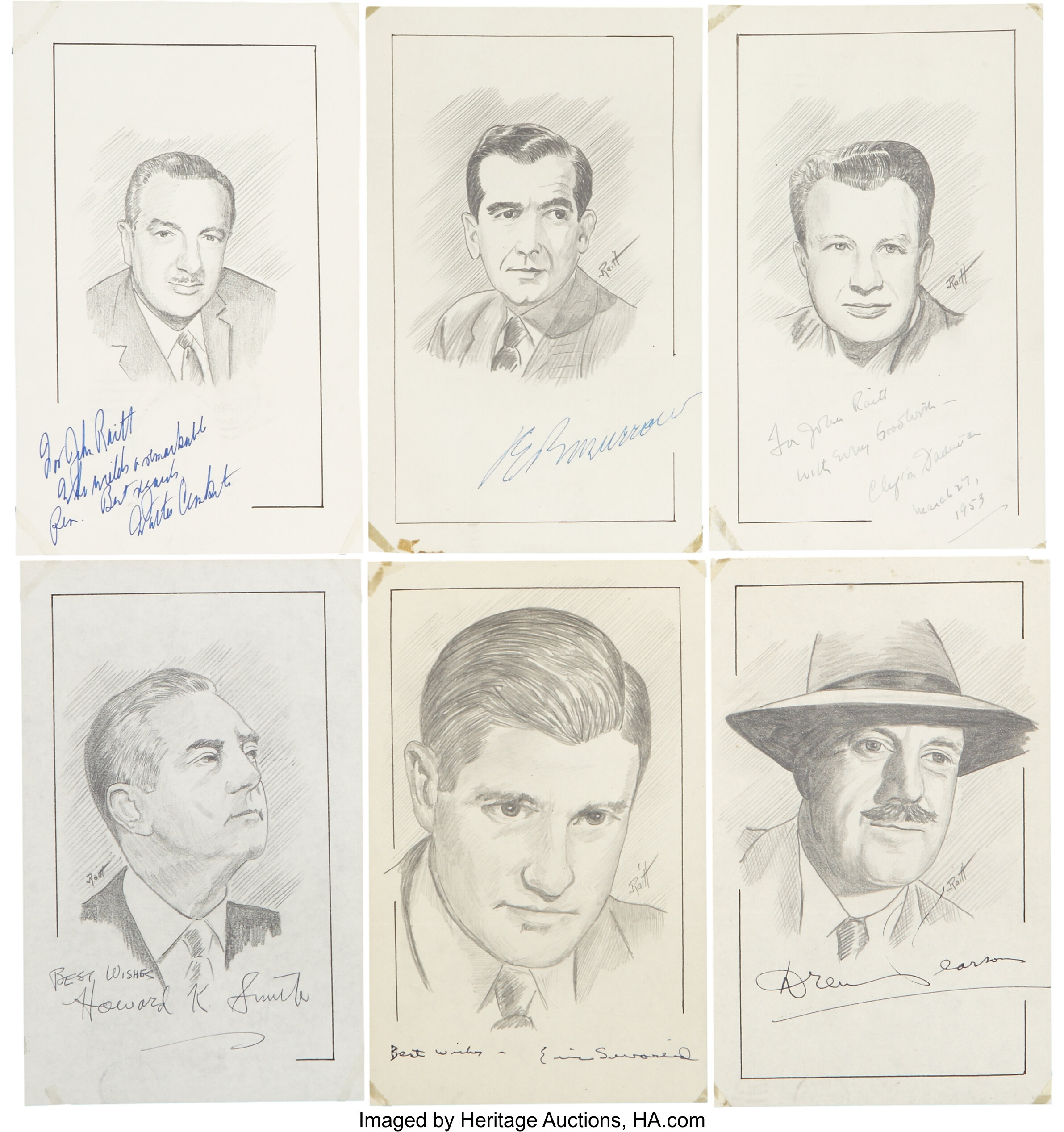 Edward R. Murrow, Walter Cronkite, and Other Signed Sketches of | Lot ...