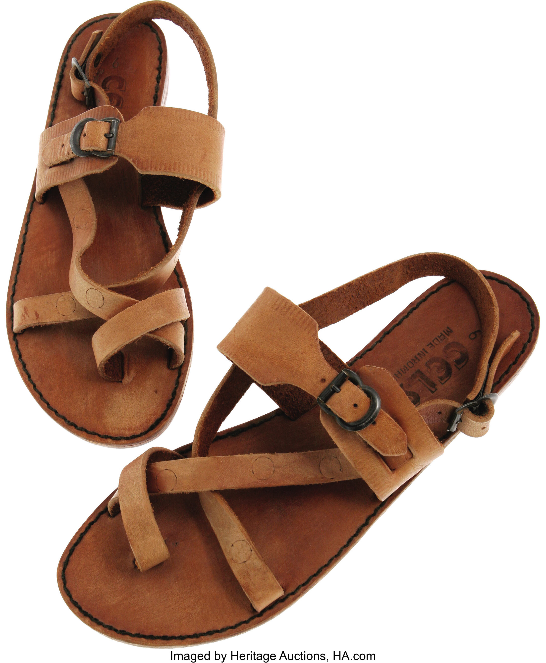 Goldie Hawn's Leather Sandals. Pair of tan leather sandals with | Lot ...