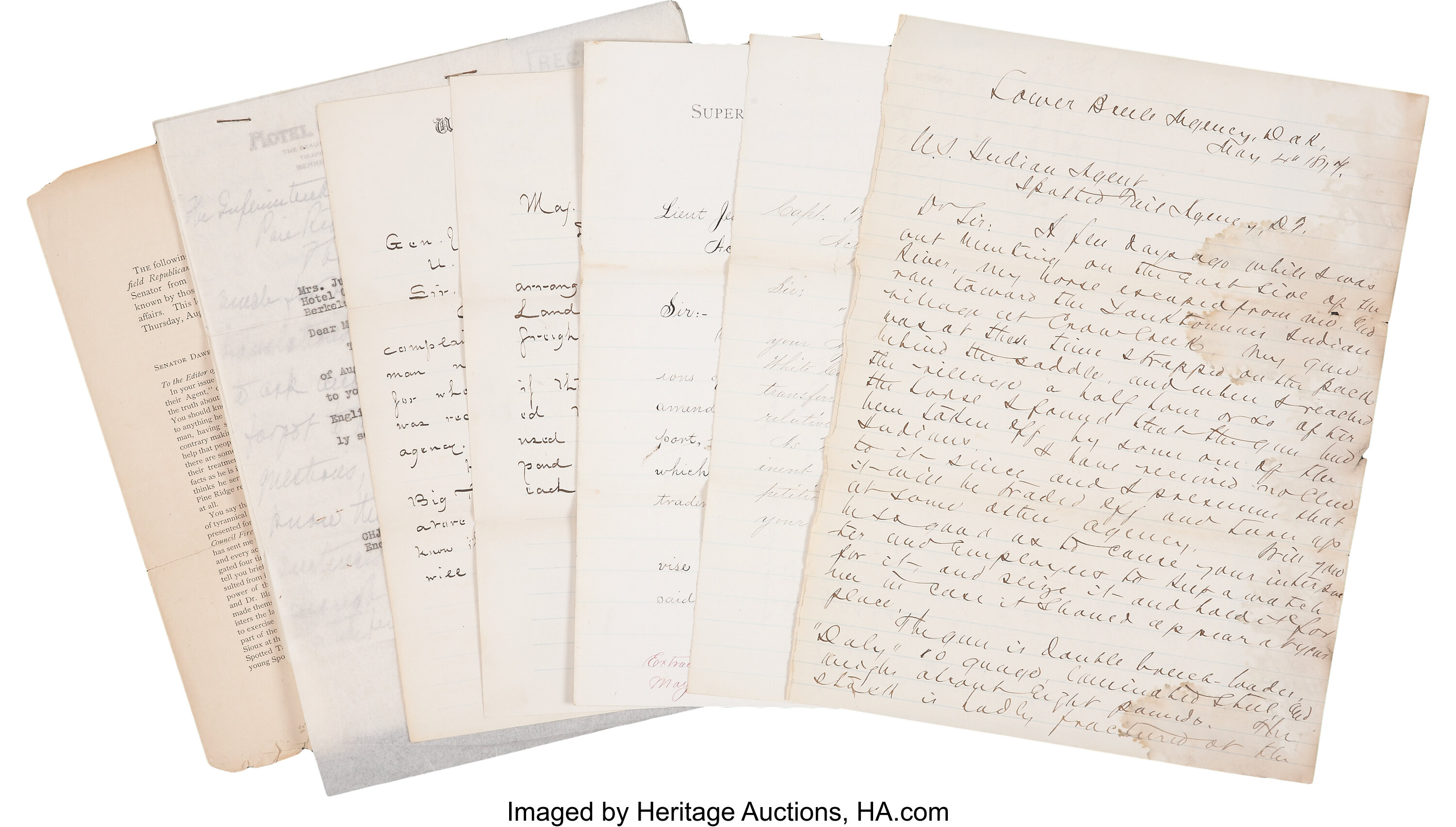 [Valentine McGillycuddy]. Indian Agency Letters (5), 1870s and | Lot ...