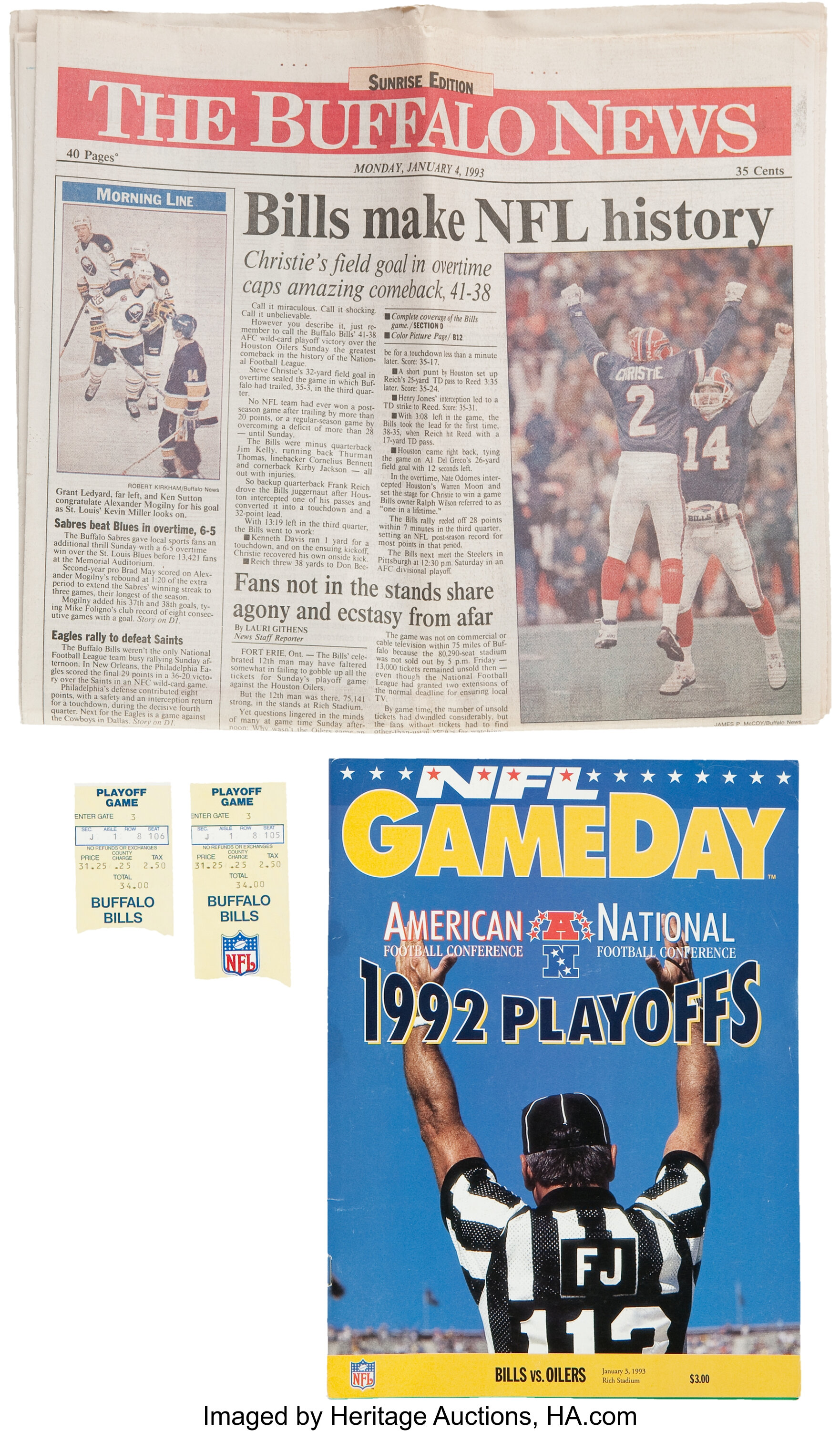 1993 Buffalo Bills Vs. Houston Oilers 'The Comeback' Ticket Stubs