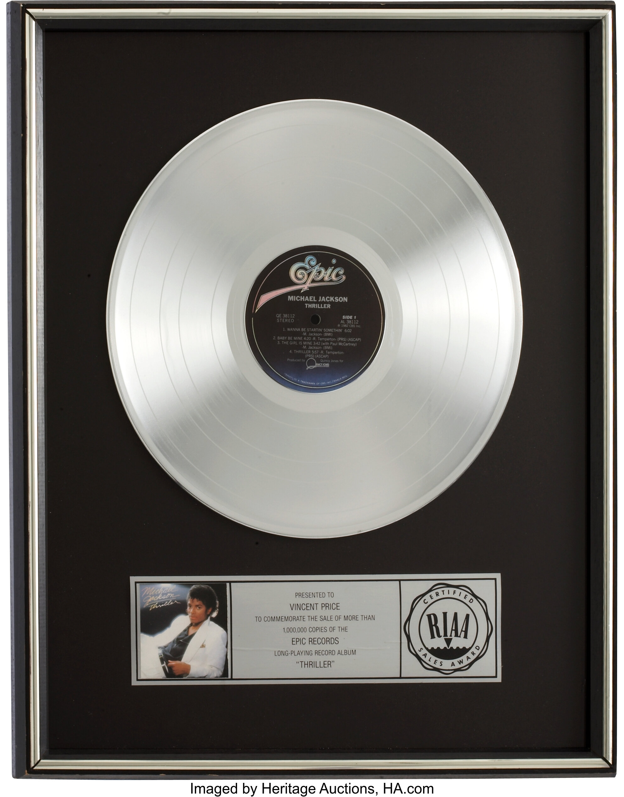 Vincent Price S Michael Jackson Thriller Riaa Platinum Album Lot 47050 Heritage Auctions