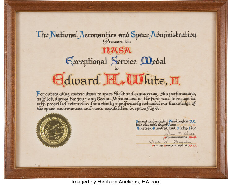 Gemini 4 Exceptional Service Medal Citation Presented By Nasa To Lot Heritage Auctions