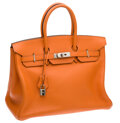 Hermes 35cm Orange Clemence Leather Palladium Plated Birkin Bag