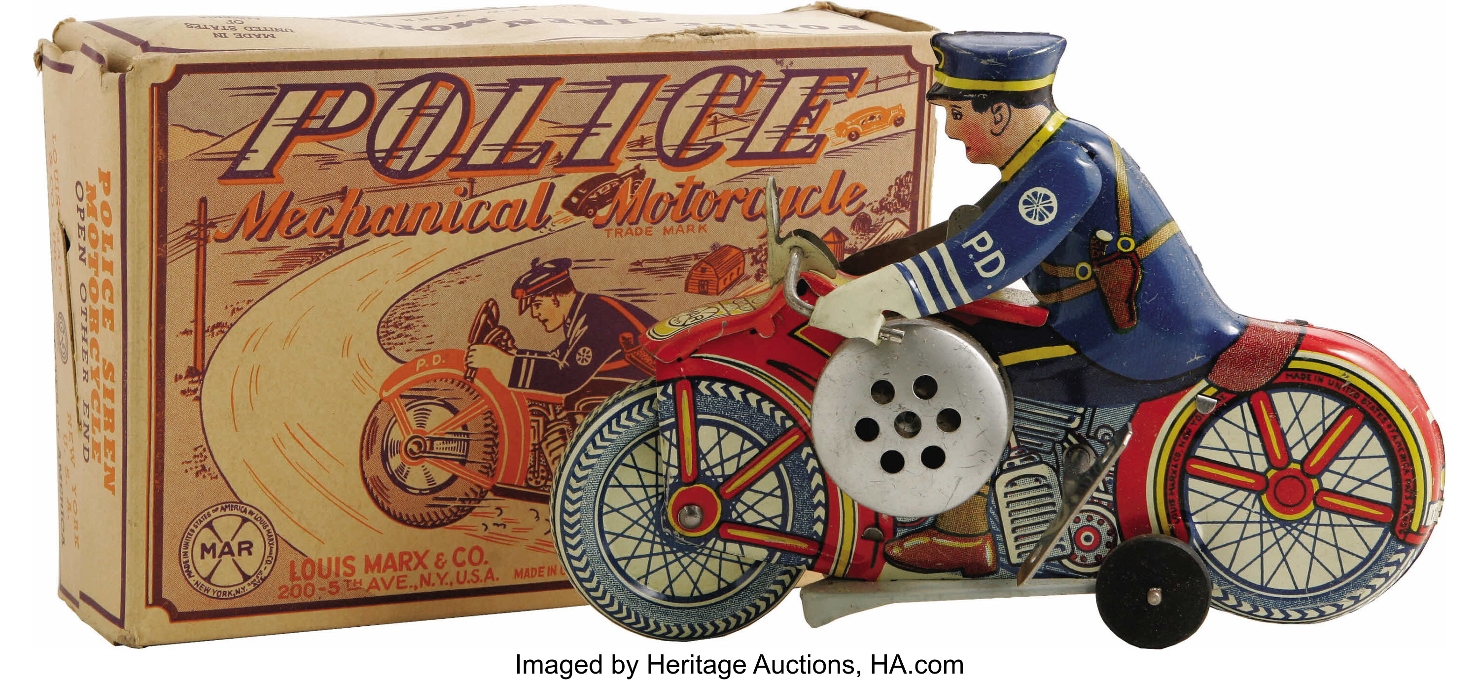 Marx Mechanical Police Siren Motorcycle in Original Box. Tin toy | Lot