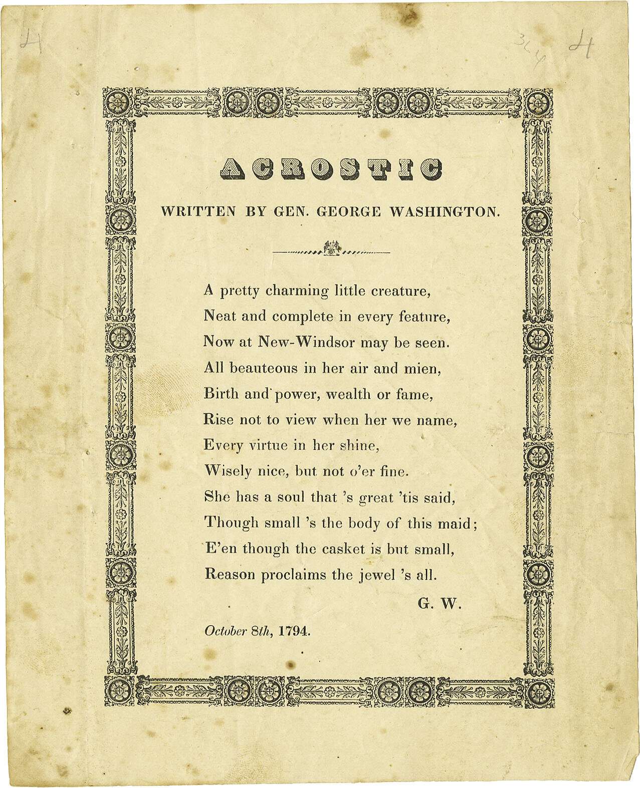 Imprint Acrostic Written By Gen George Washington One Page Lot Heritage Auctions