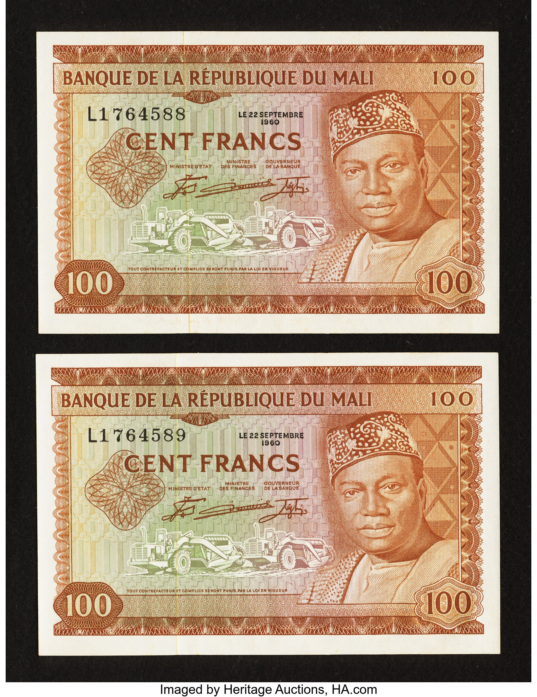 Mali 100 Francs 22.9.1960 Pick 7 Two Consecutive Examples