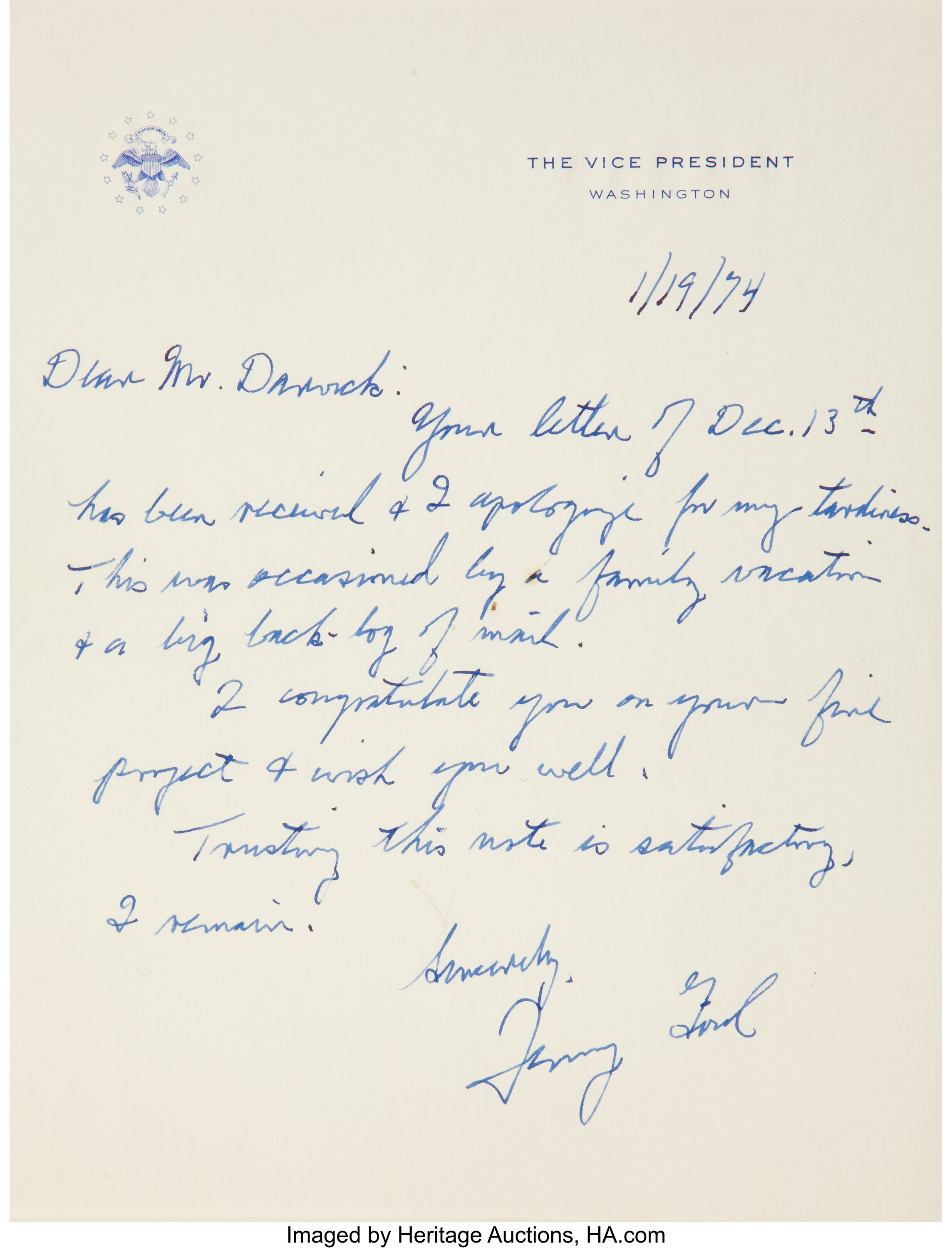 Gerald Ford Autograph Letter Signed As Vice President One Page On Lot Heritage Auctions