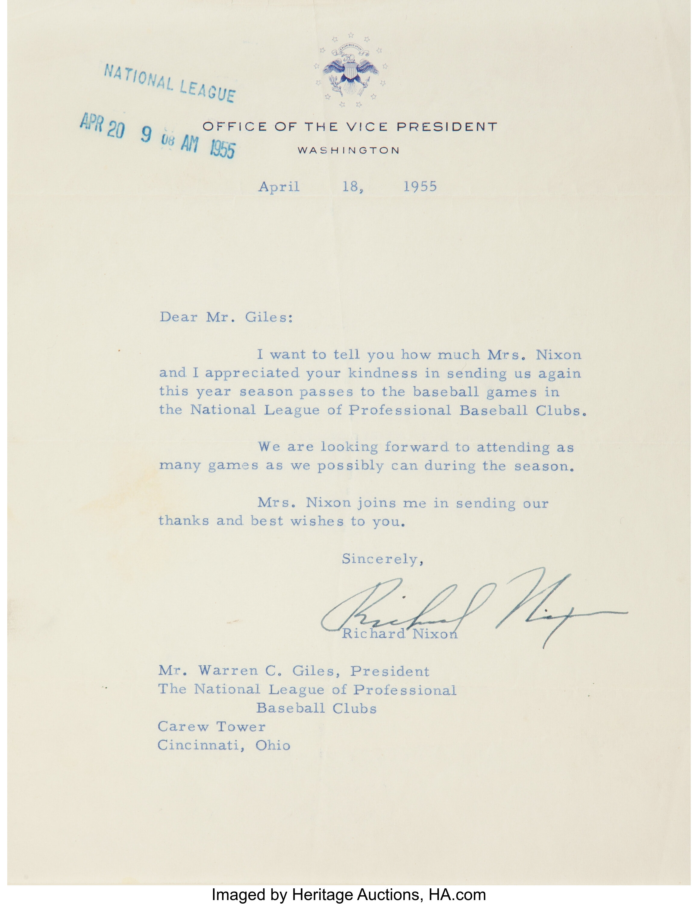 Richard Nixon Typed Letter Signed as Vice President. One page, on