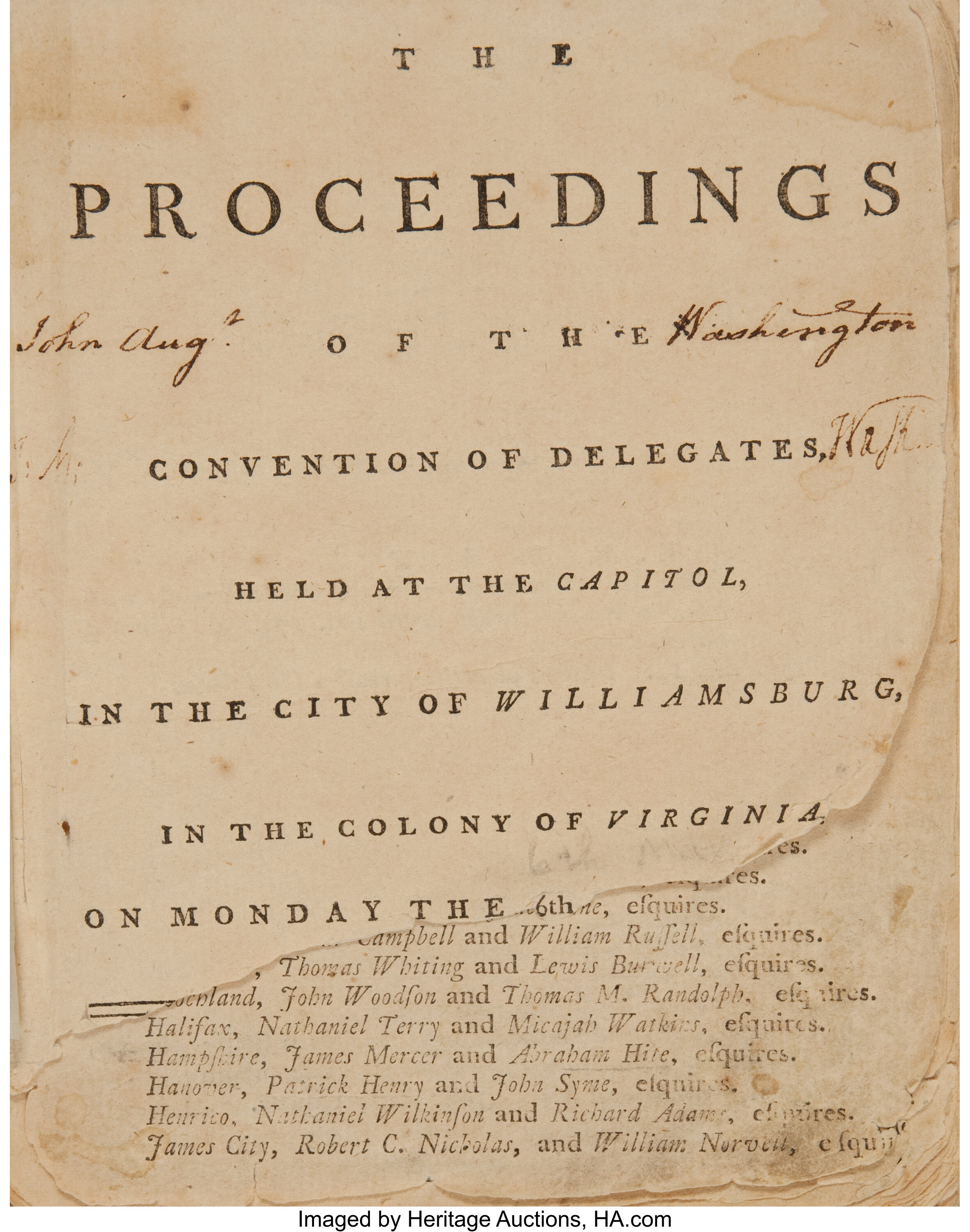 John Augustine Washington The Proceedings Of The Convention Of Lot Heritage Auctions