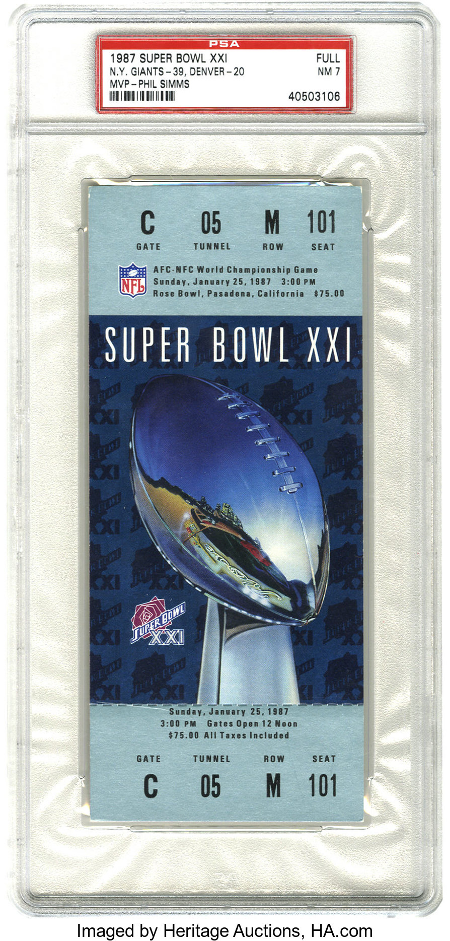 1987 Super Bowl XXI Football Full Ticket PSA NM 7. Offered is a, Lot  #10604