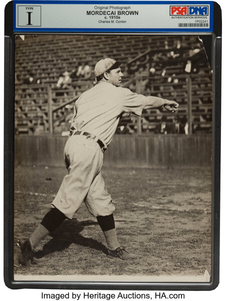 Three Finger Brown, Chicago Cubs, baseball card portrait]