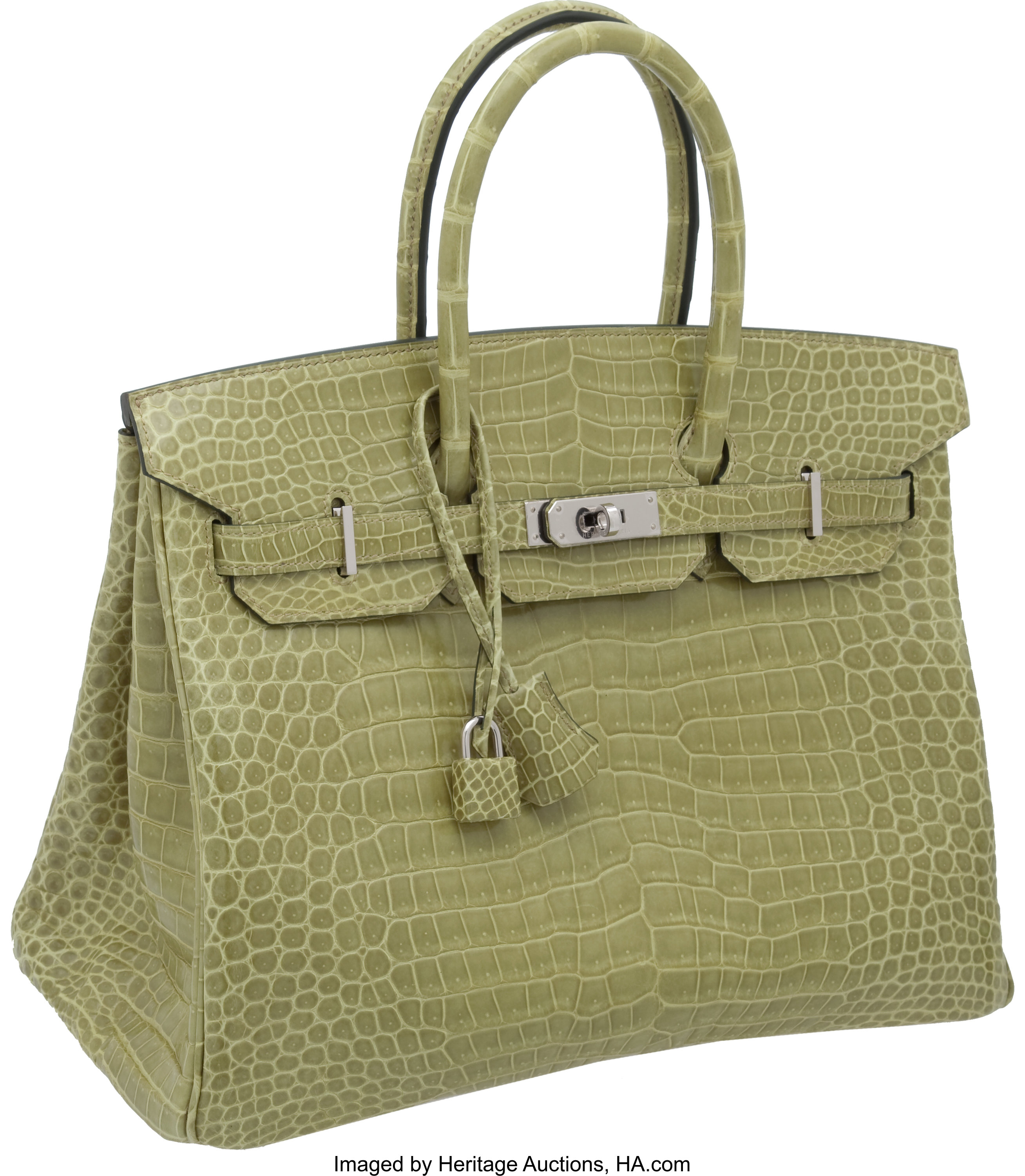 Hermes 35cm Shiny Vert Anis Porosus Crocodile Birkin Bag with