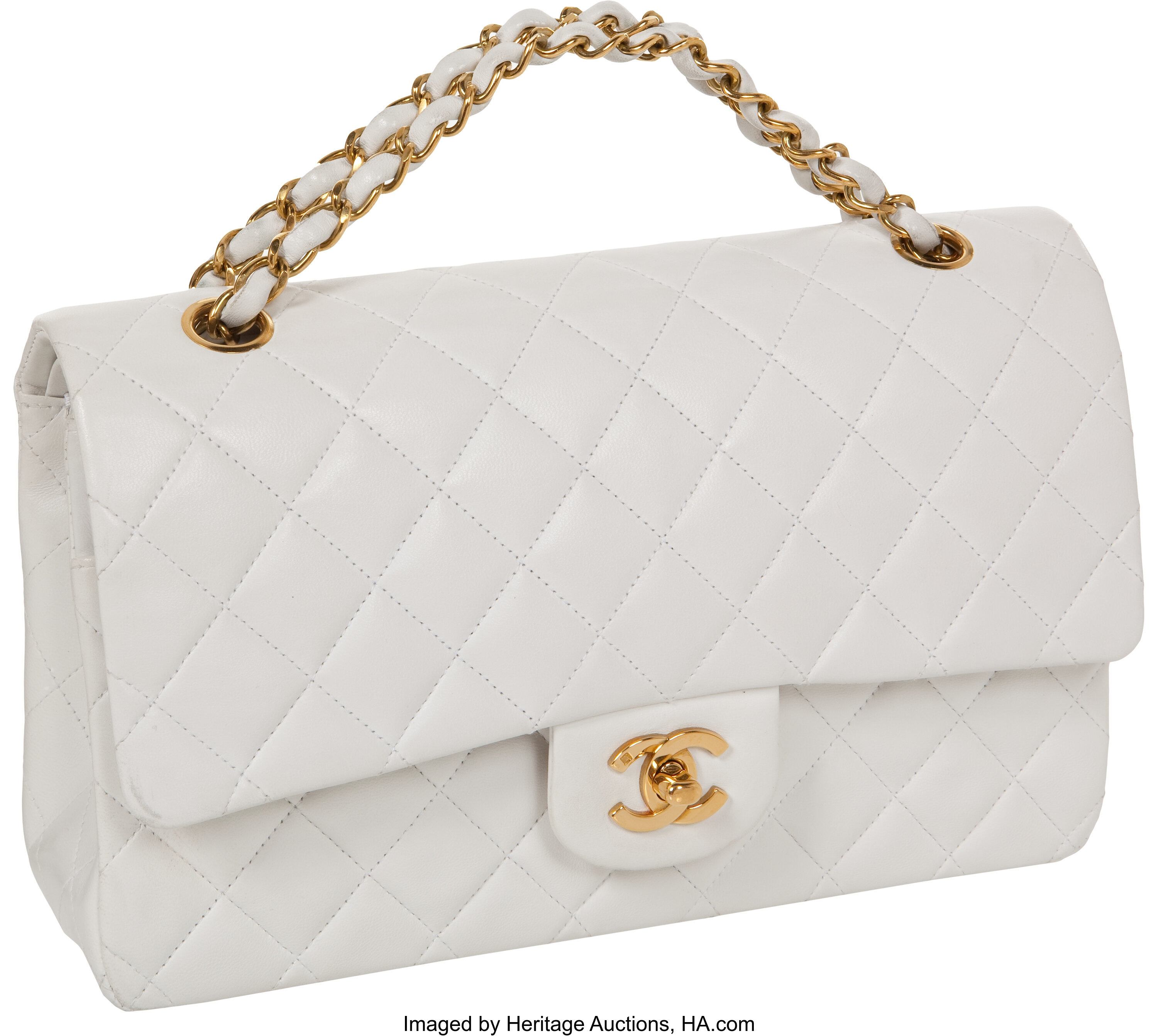 Chanel White Quilted Lambskin 25cm Classic Double Flap Bag with, Lot  #56018