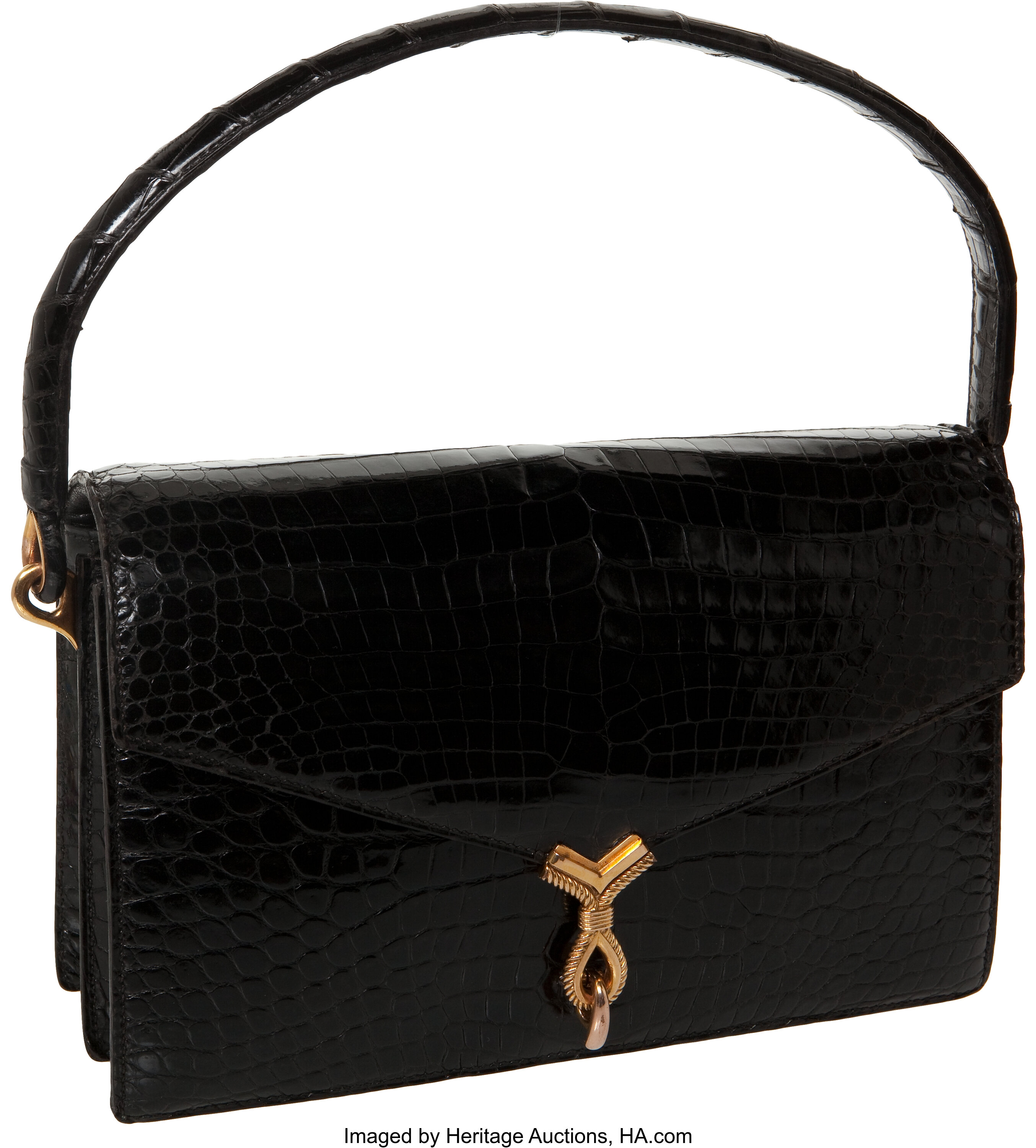 SOLIQUE vintage handbag black patent leather and crocodile leather