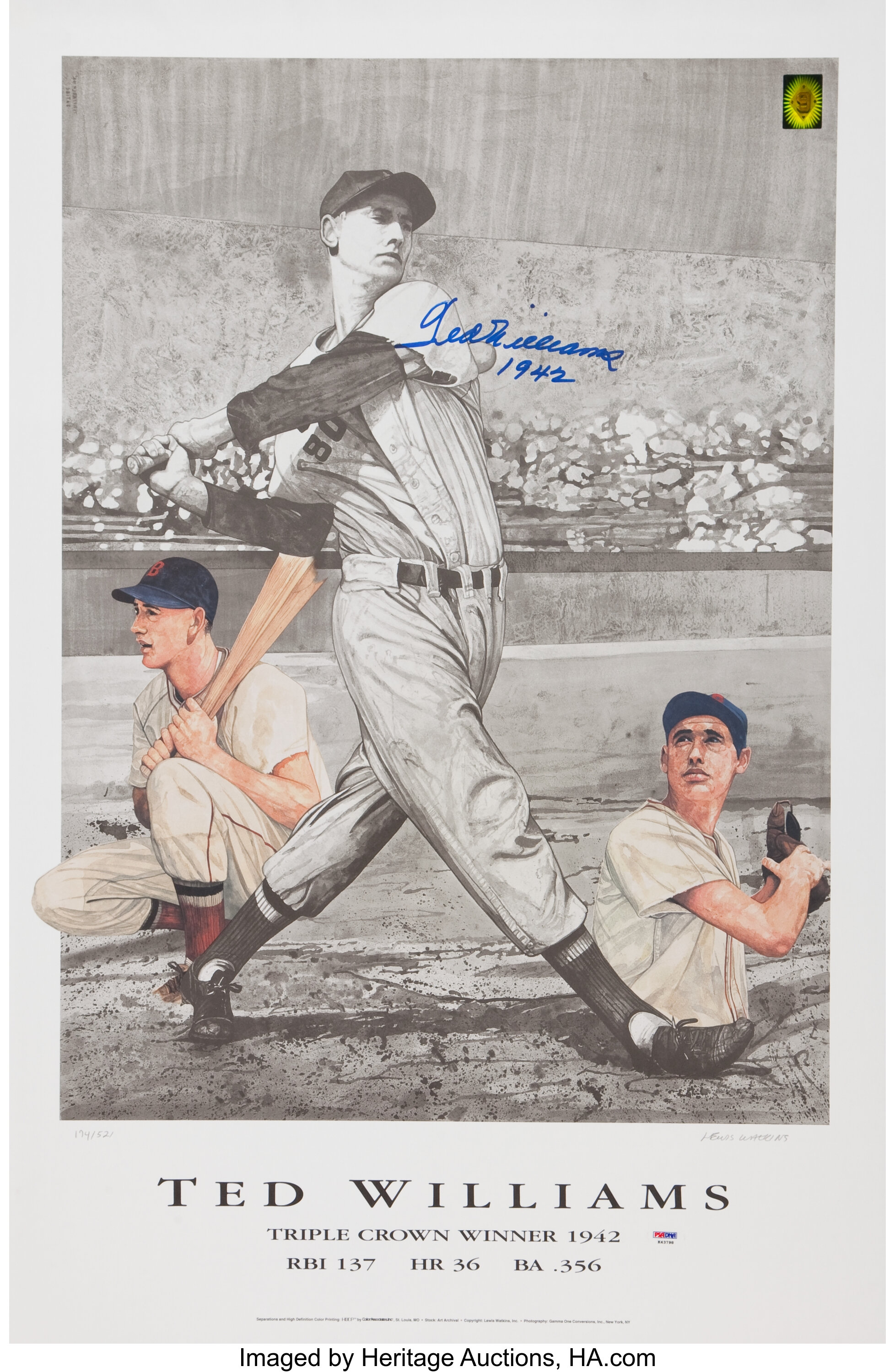 Ted Williams Signed Lithograph. Hall of Fame slugger.  Baseball