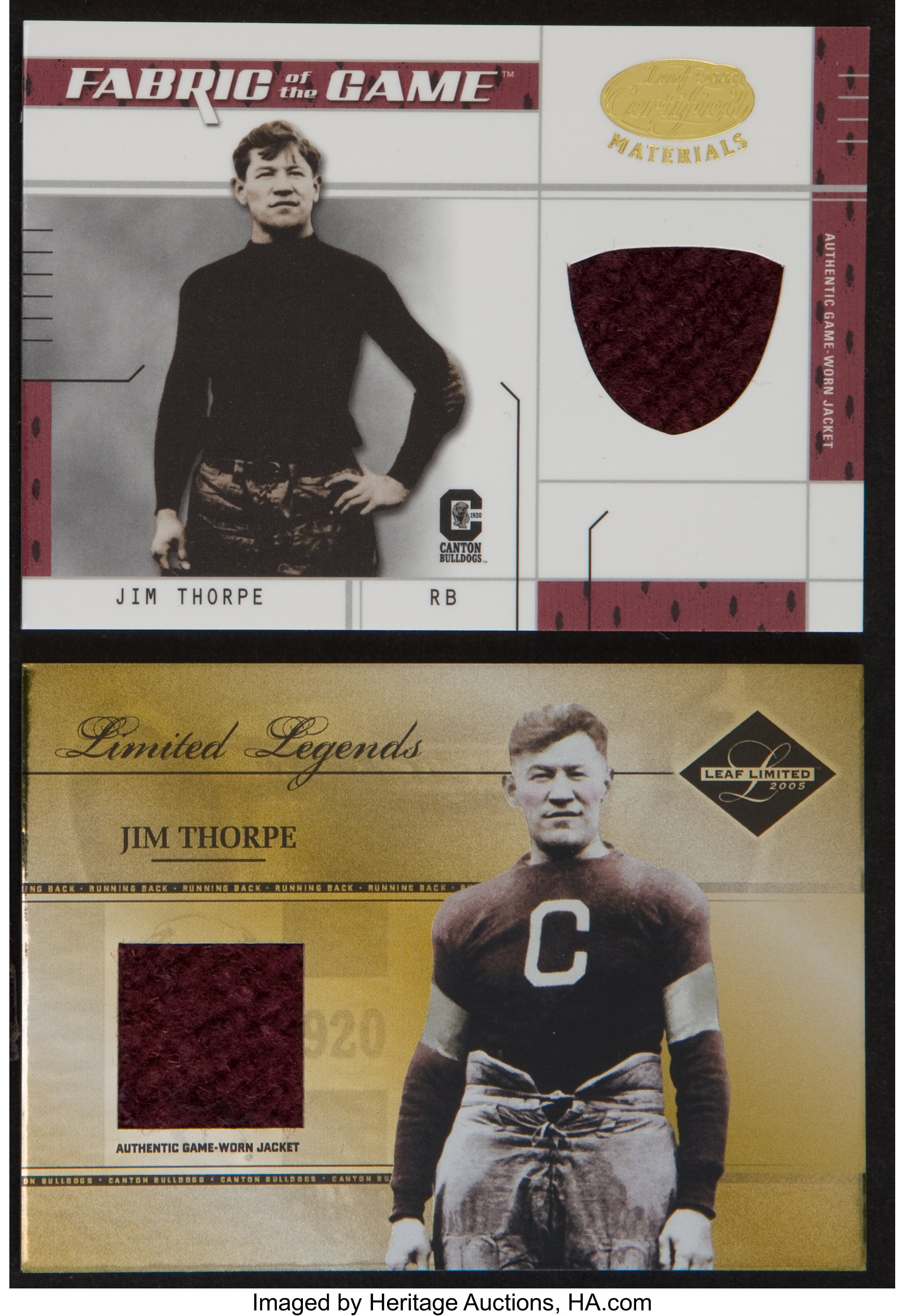 2003 & 2005 Leaf Jim Thorpe Jersey Swatch Card Pair (2).