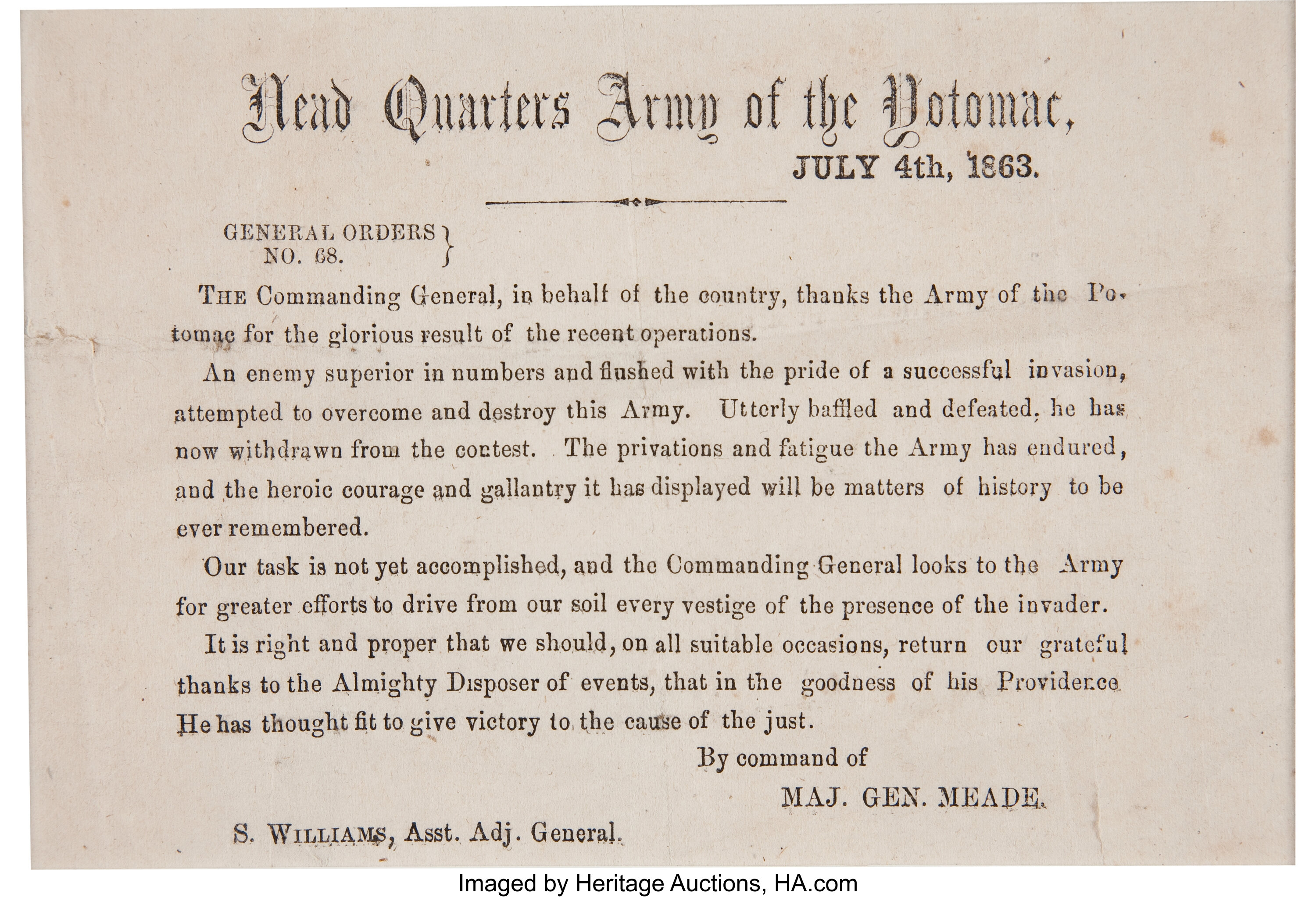 General Orders No. 68, July 4, 1863 Congratulating The Army of the ...