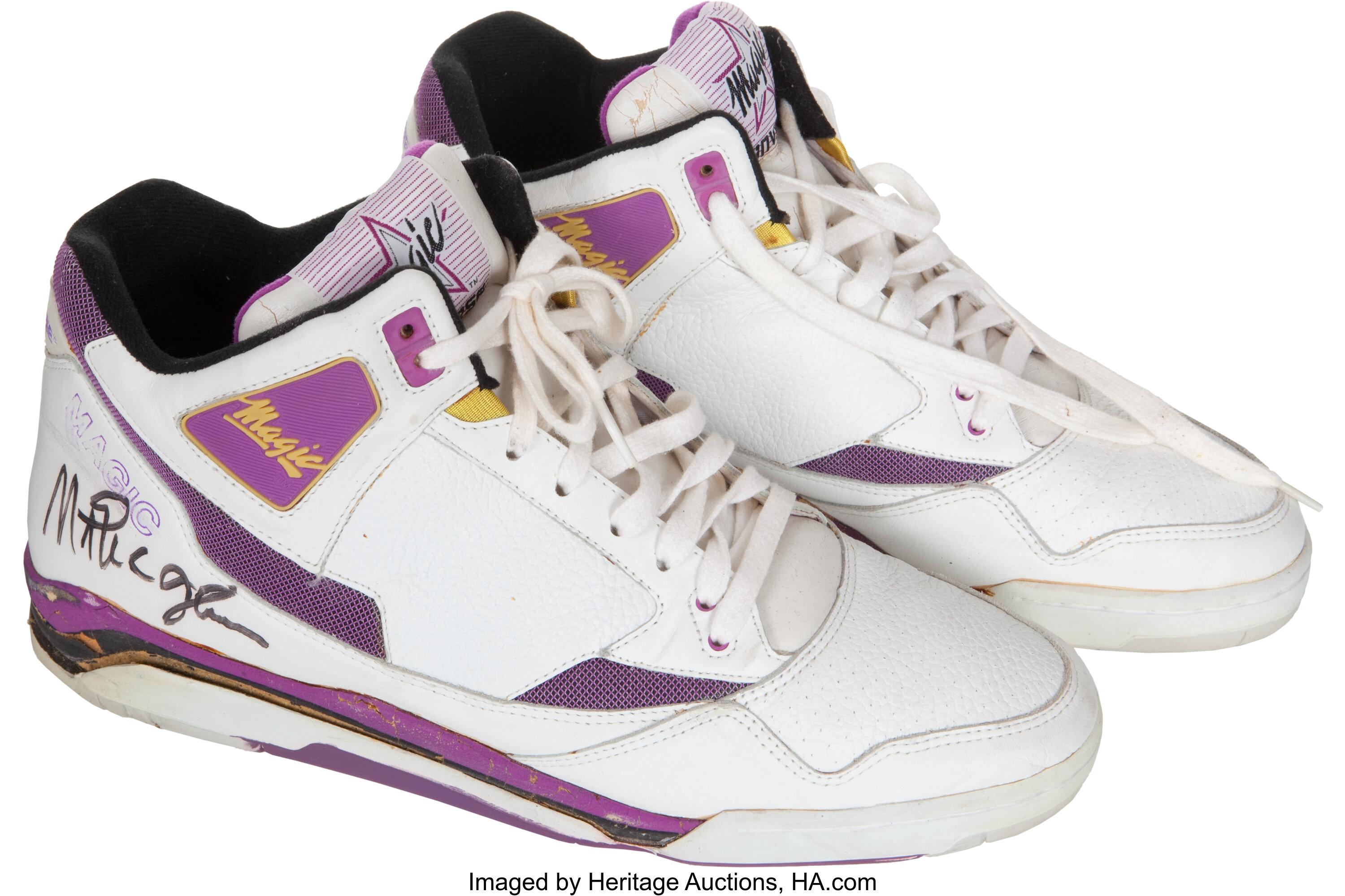 Lot Detail - 1990-91 MAGIC JOHNSON GAME WORN & SIGNED CONVERSE 'TRIPLE  DOUBLE' SIGNATURE MODEL SHOES (MSG SECURITY GUARD LOA)