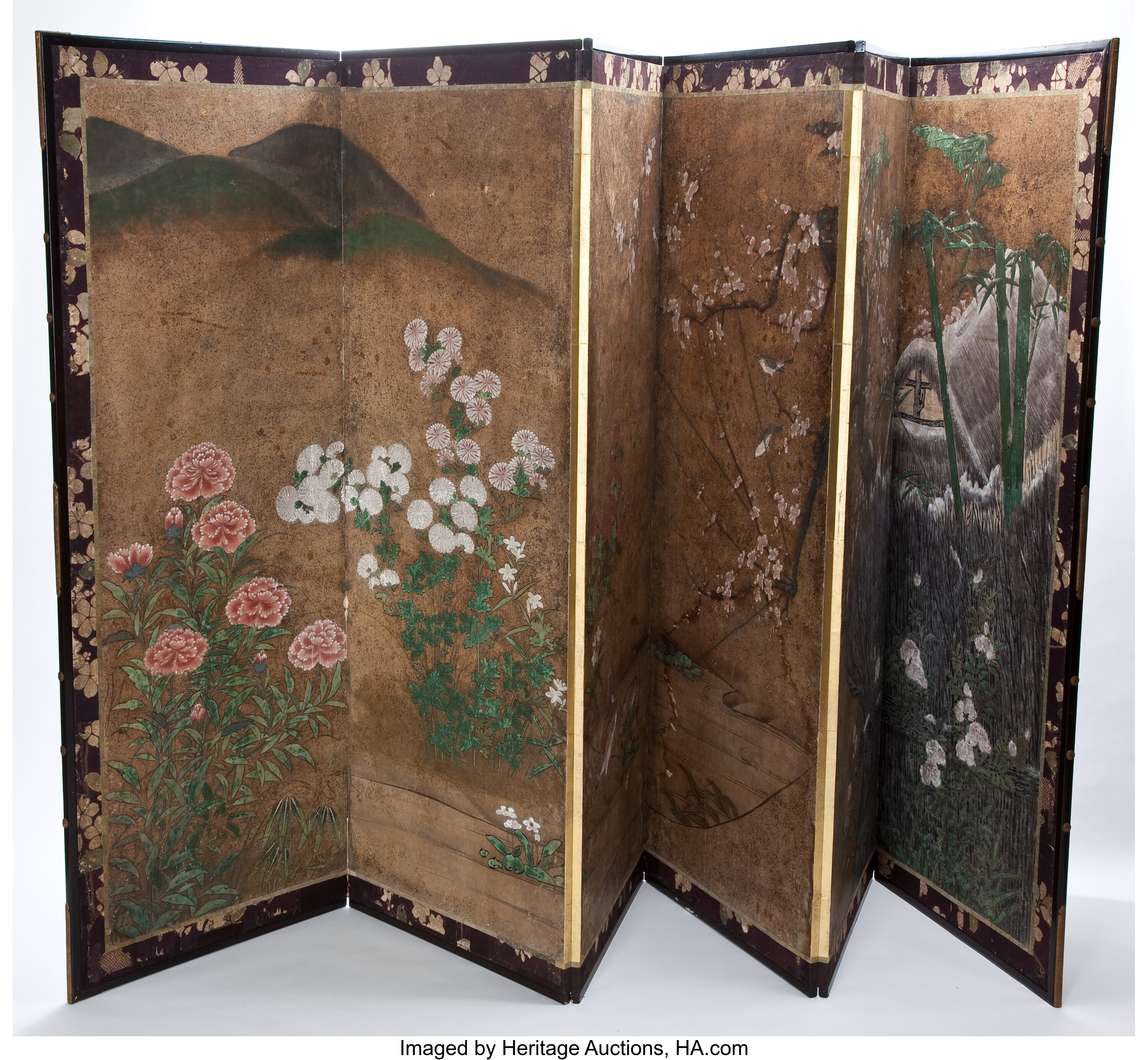 Two Japanese Decorative Folding Screens Circa Late 1800s